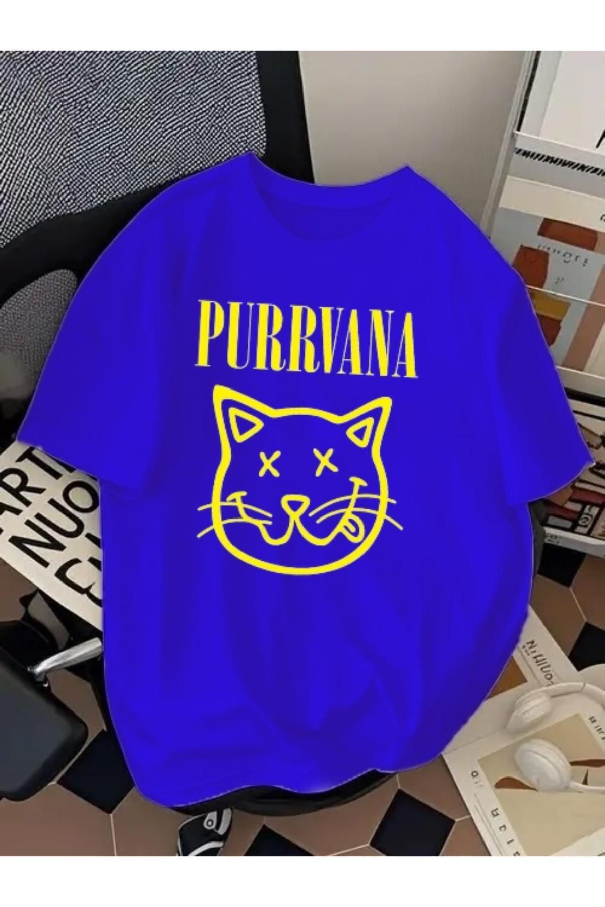 SOHR Unisex Erkek/Kadın Purrvana Kedi Renkli Baskılı Oversize Pamuklu T-Shirt