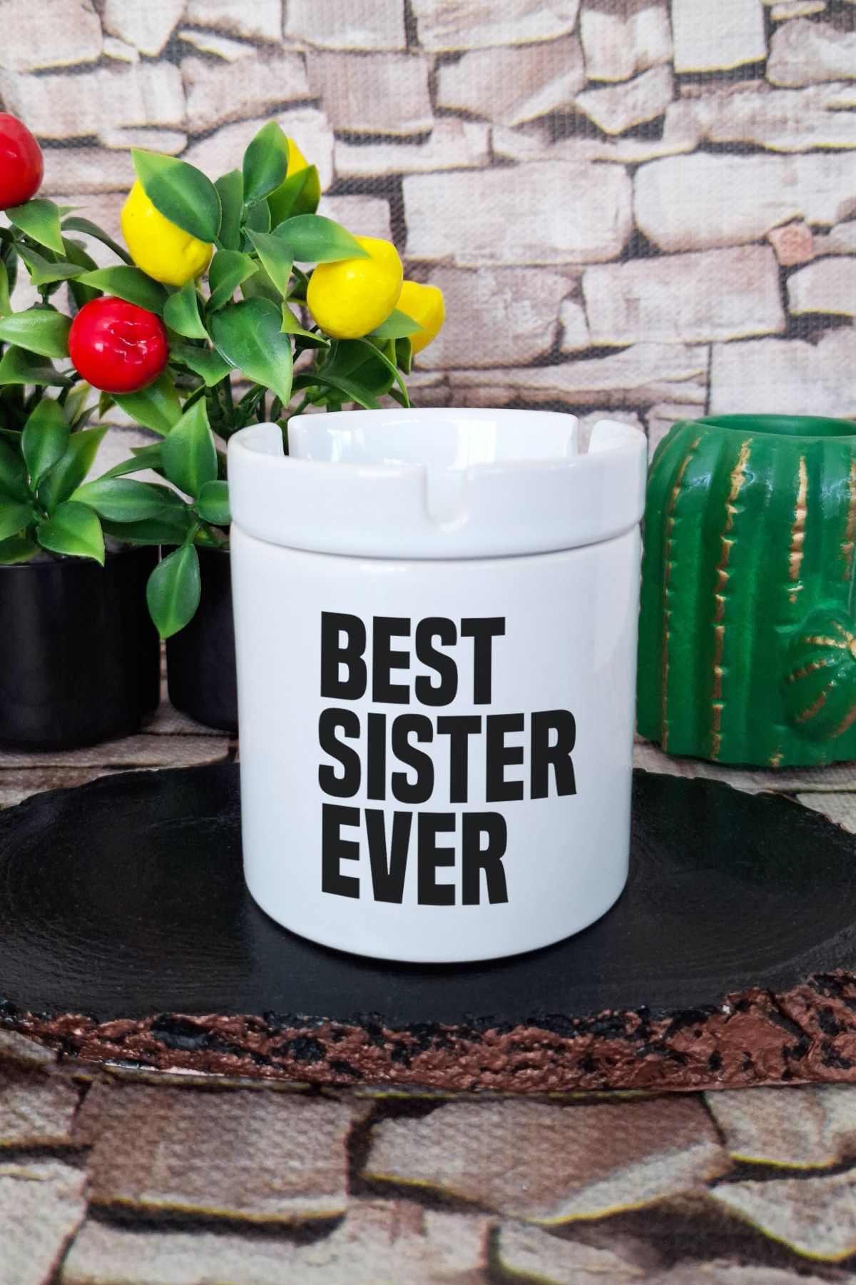qoeuyl boutique Best Sister Ever Abla Kız Kardeş Baskılı Seramik Kapaklı Kokusuz Küllük