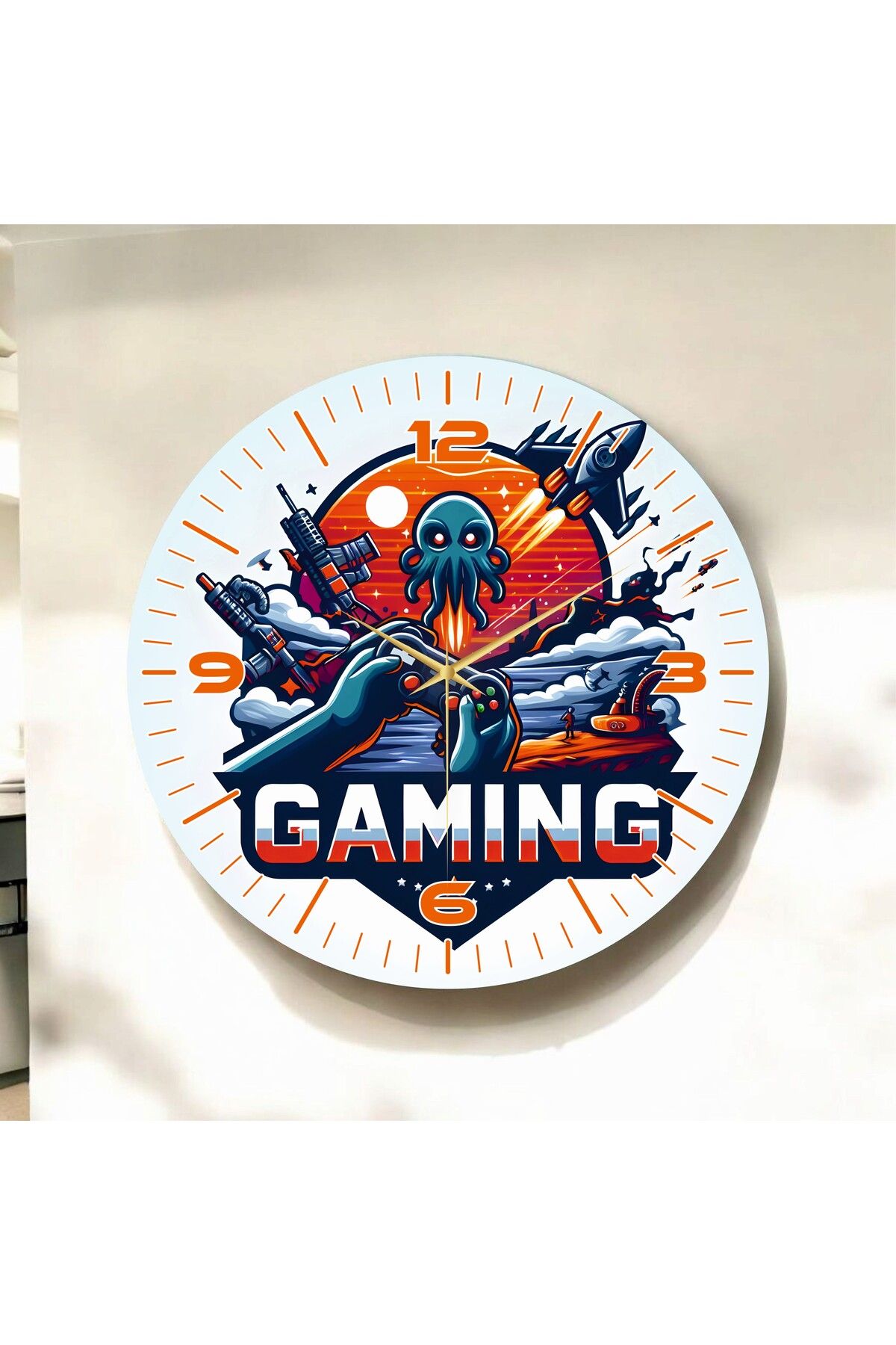 AA Shop Gaming Yazılı Oyun Temalı Renkli Baskı Desenli Sayılı Hediyelik Ahşap Sessiz Duvar Saati 50cm