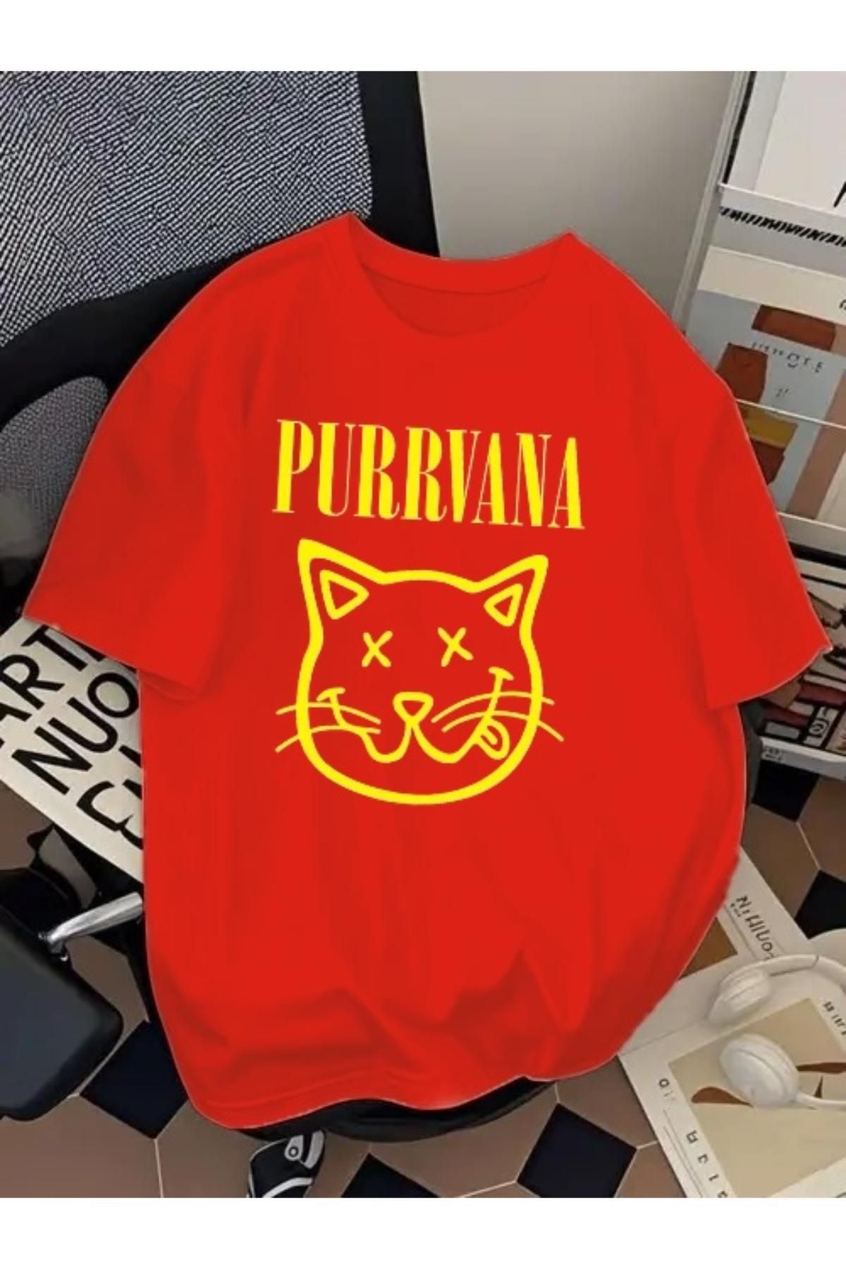 SOHR Unisex Erkek/Kadın Purrvana Kedi Renkli Baskılı Oversize Pamuklu T-Shirt