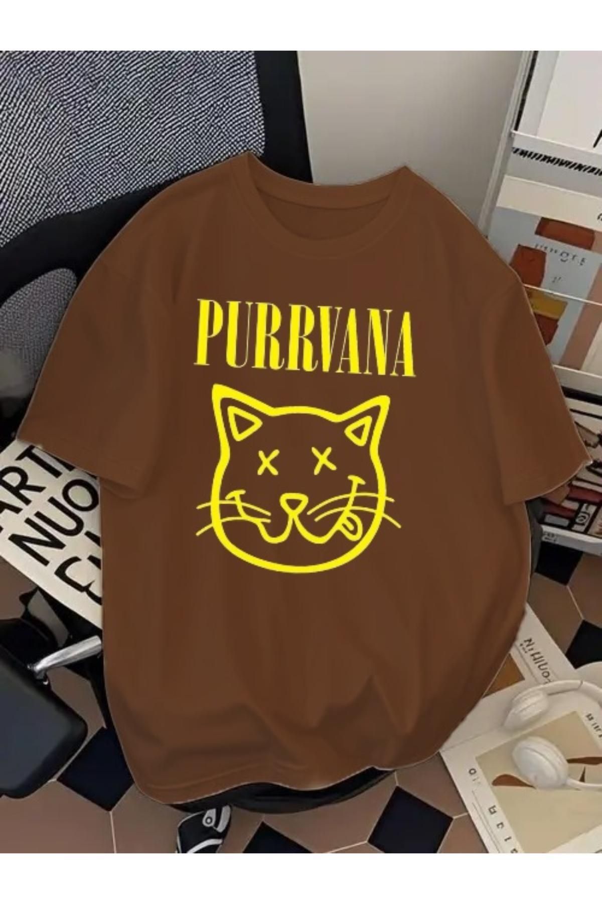 SOHR Unisex Erkek/Kadın Purrvana Kedi Renkli Baskılı Oversize Pamuklu T-Shirt