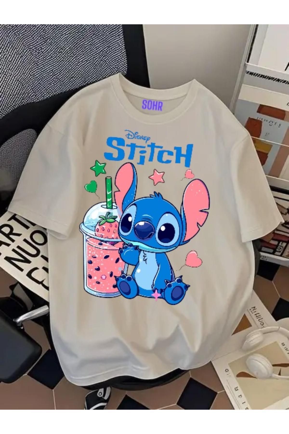 SOHR Unisex Erkek/Kadın Stitch Renkli Baskılı Oversize Pamuklu T-Shirt