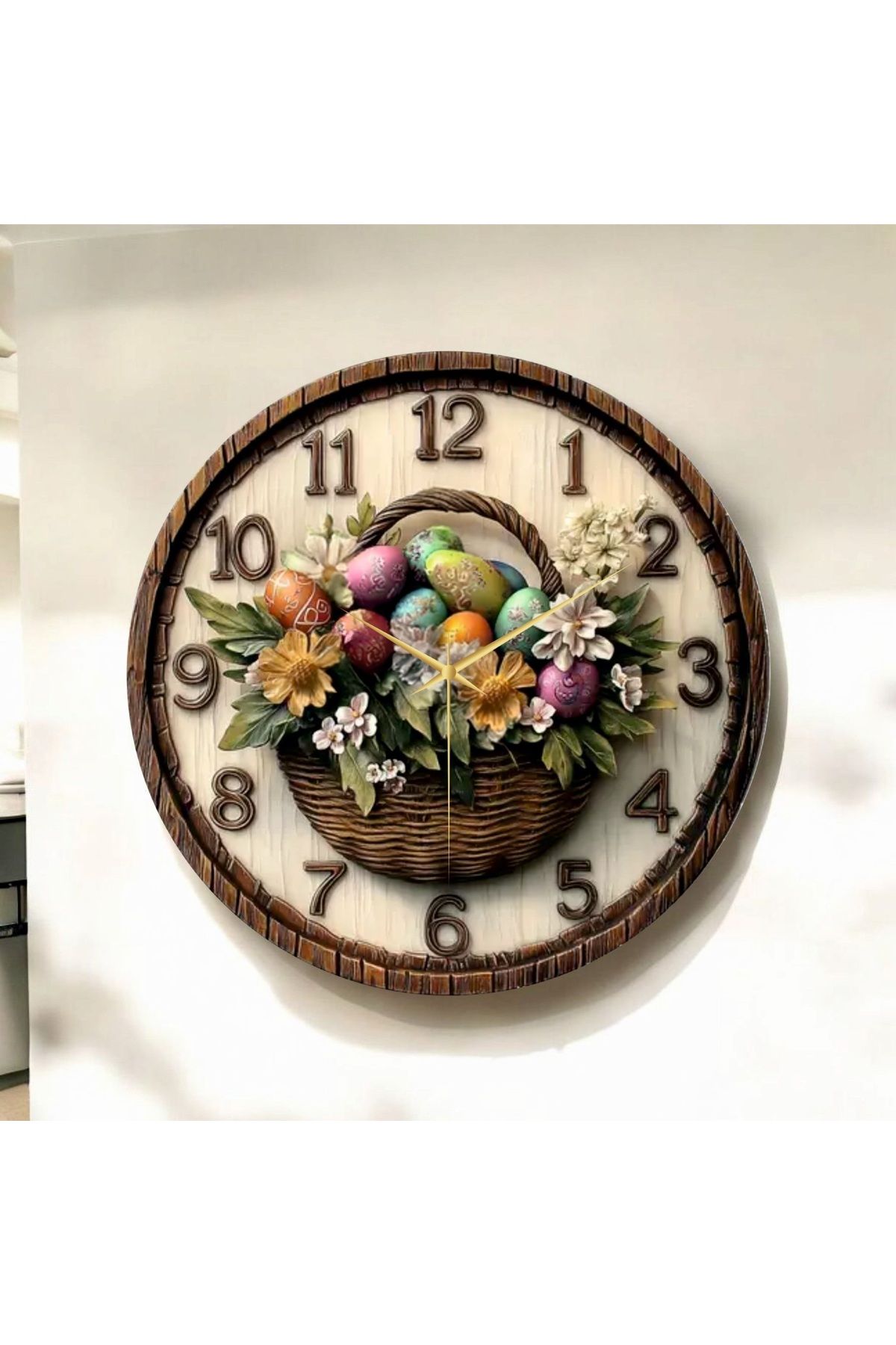 AA Shop Çiçek Sepeti Kabartma Görünümlü Renkli Baskı Desenli Sayılı Hediyelik Ahşap Sessiz Duvar Saati 50cm