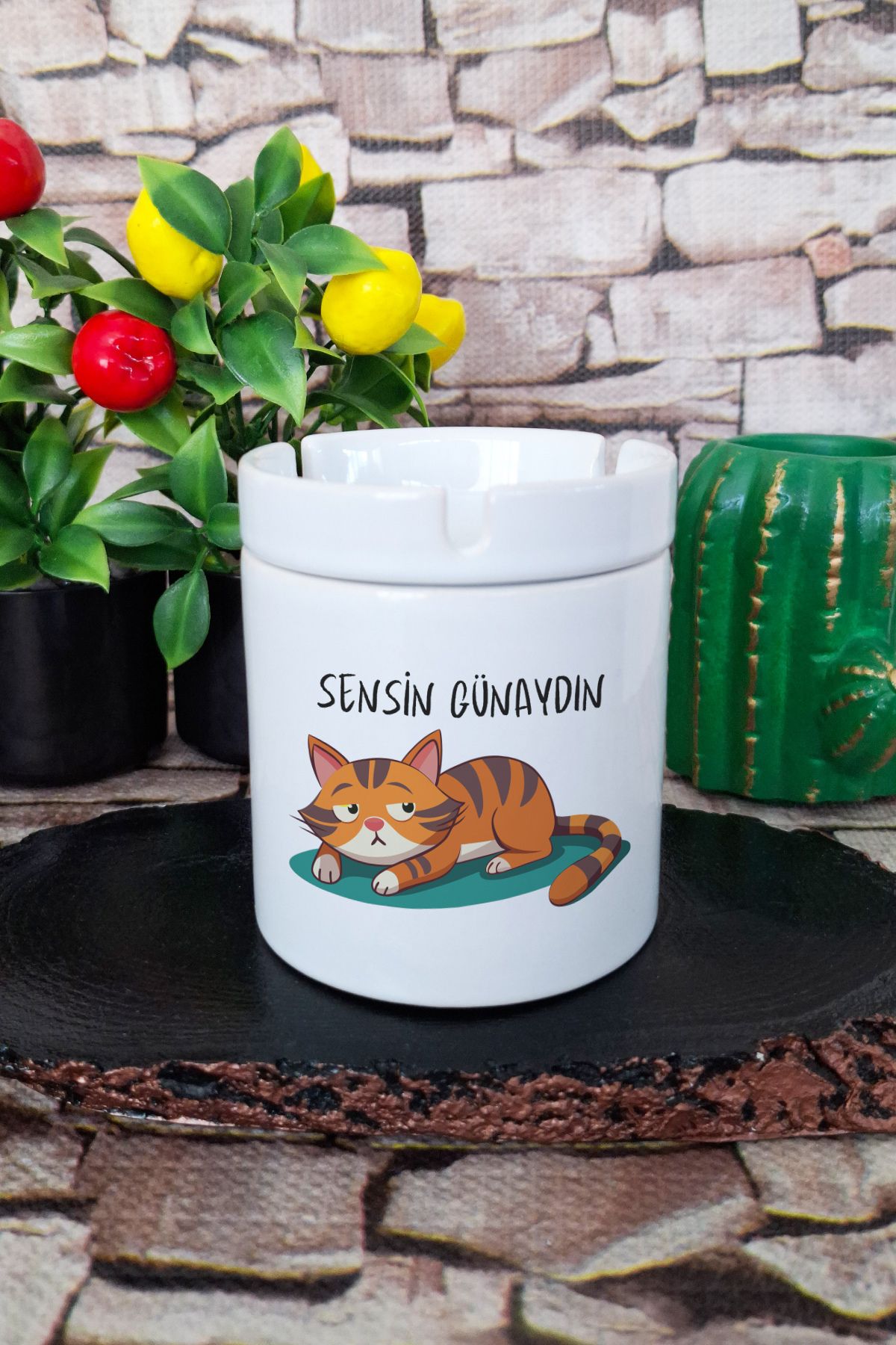 qoeuyl boutique Sensin Günaydın Sevimli Kedi Komik Hediye Baskılı Seramik Kapaklı Kokusuz Küllük