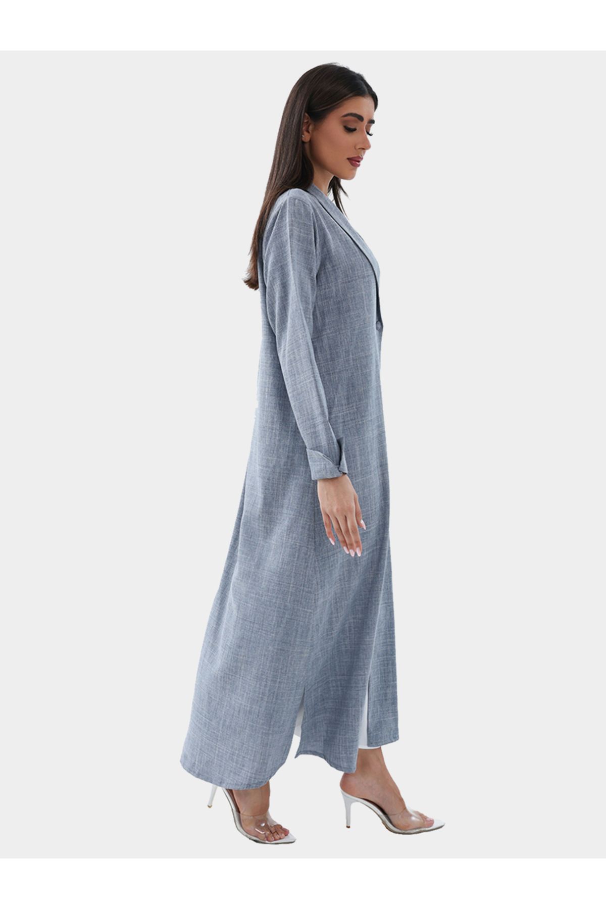 Elena by DStyle-Label Collar Melange A-Line Abaya with Button Detail 4