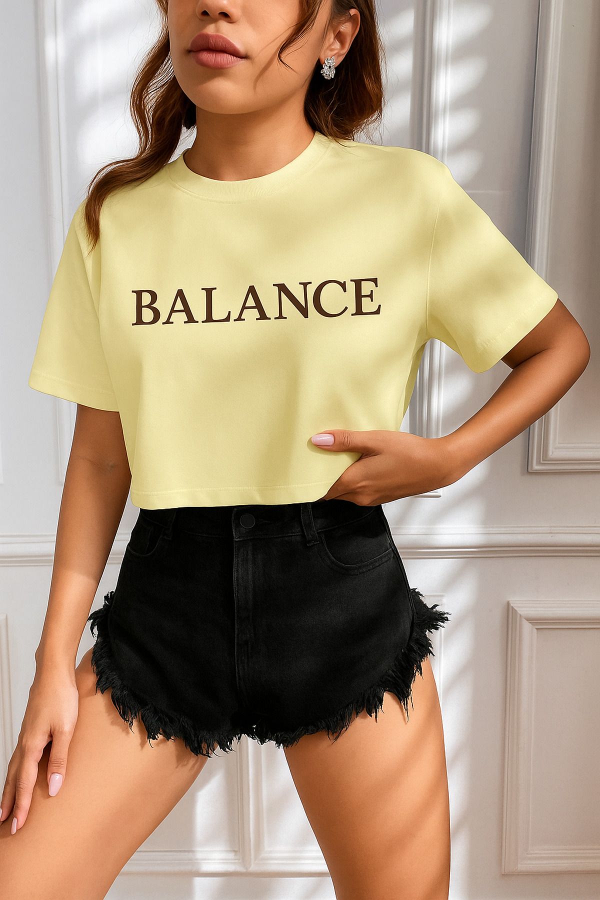 GENIUS STORE Kadın Tişört Crop Tişört Baskılı Fit Tişört BALANCE-TİŞÖRT