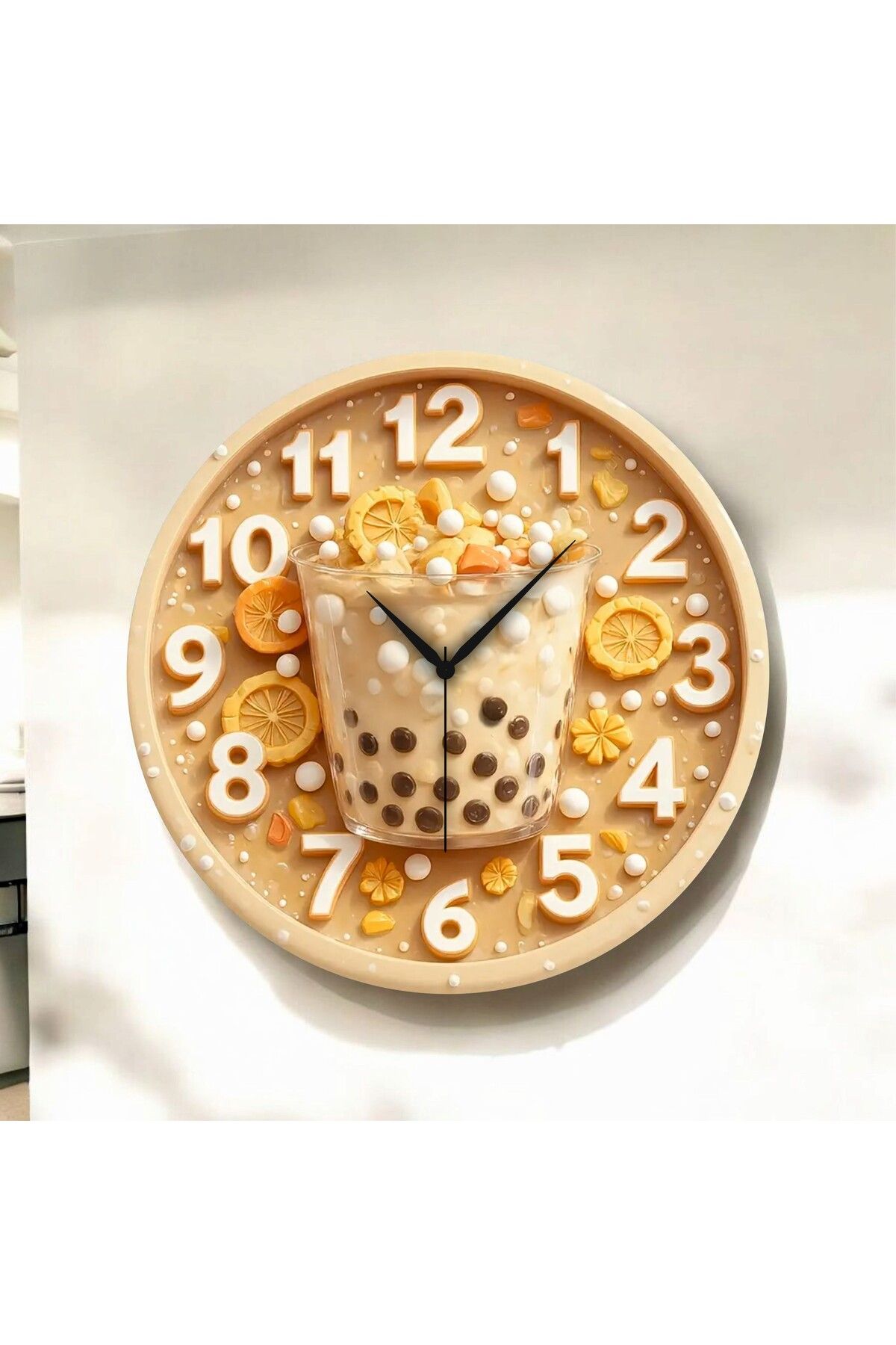 AA Shop Bubble Tea Kabartma Görünümlü Renkli Baskı Desenli Sayılı Hediyelik Ahşap Sessiz Duvar Saati 50cm