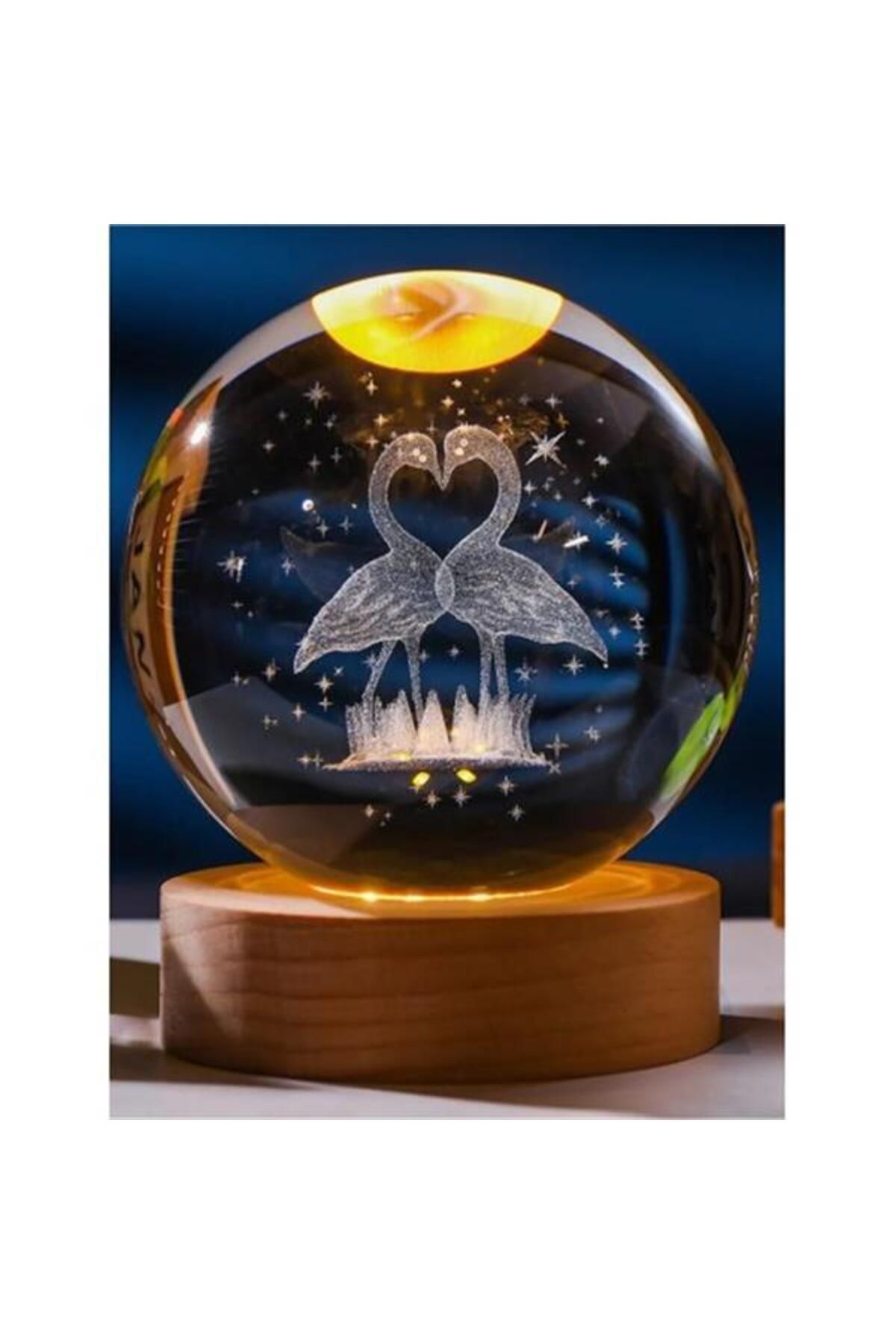Zayla Ahşap Tabanlı LED Işıklı Flamingo Figürlü Kristal Küre