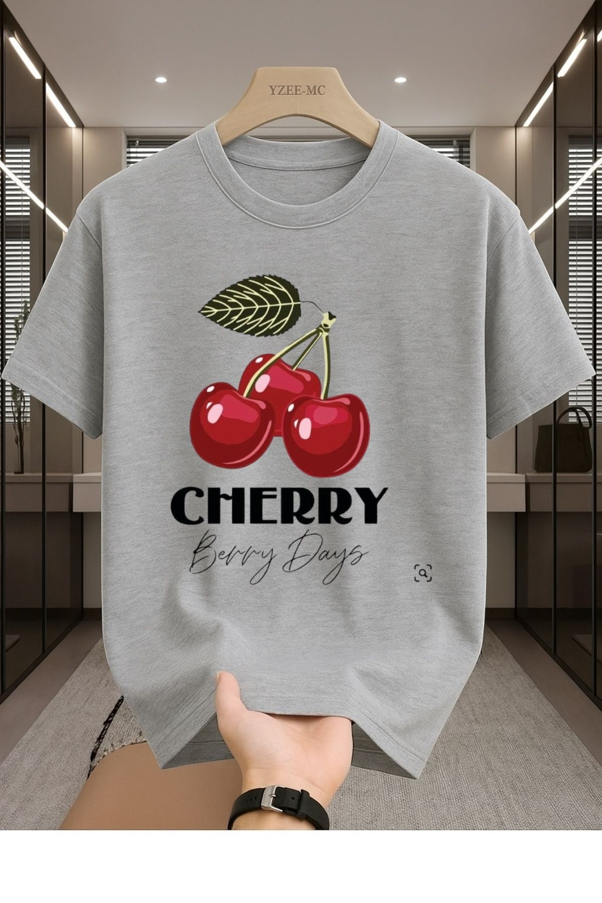 Madali Boutique Cherry Bery Days Baskılı Unisex Bisiklet Yaka Pamuk Oversize Boyfriend T-Shirt