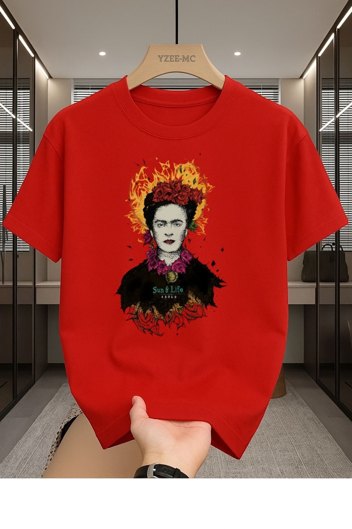 Madali Boutique Frida Kahlo Baskılı Unisex Bisiklet Yaka Pamuk Oversize Boyfriend T-Shirt