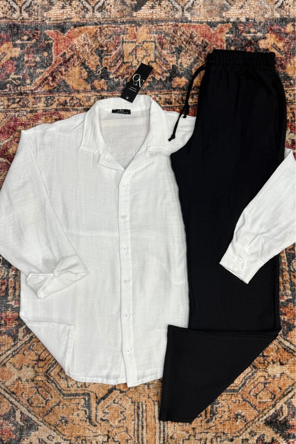 NO 601 Erkek Beyaz Müslin Keten Karışımlı Gömlek &Müslin Siyah Pantalon Takım