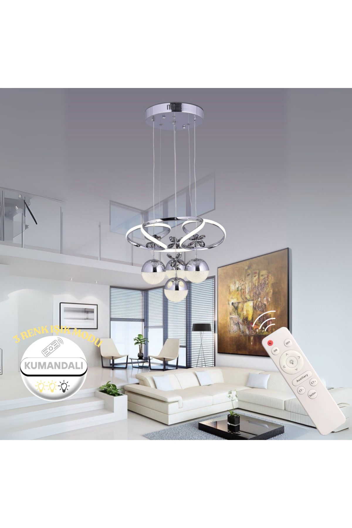 neeko BELEM LED’li Sarkıt Avize – 3 Farklı Işık Tonu & Kumandalı/Dimmer Özelliği Krom Kaplama