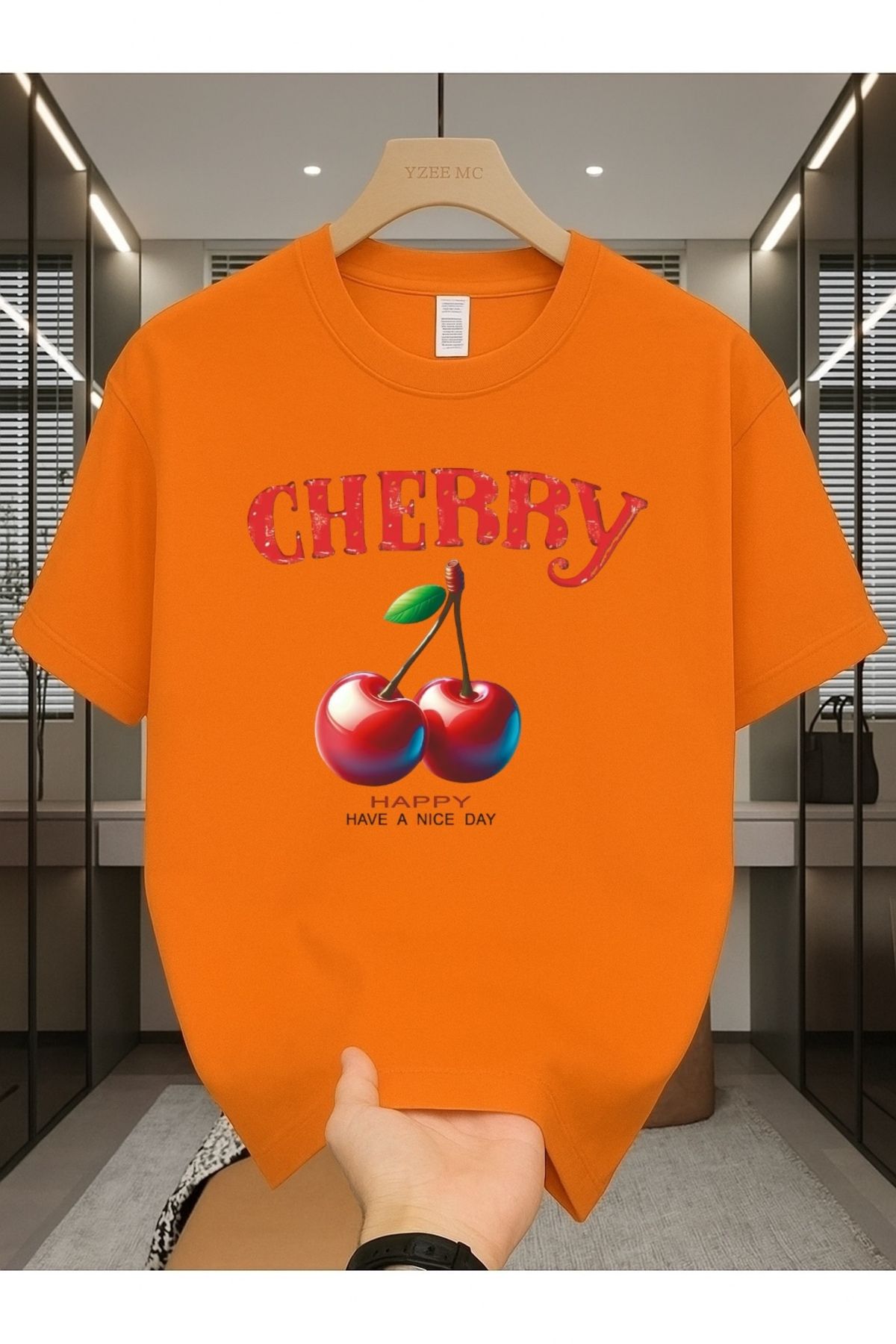 Madali Boutique Cherry Baskılı Unisex Bisiklet Yaka Pamuk Oversize Boyfriend T-Shirt