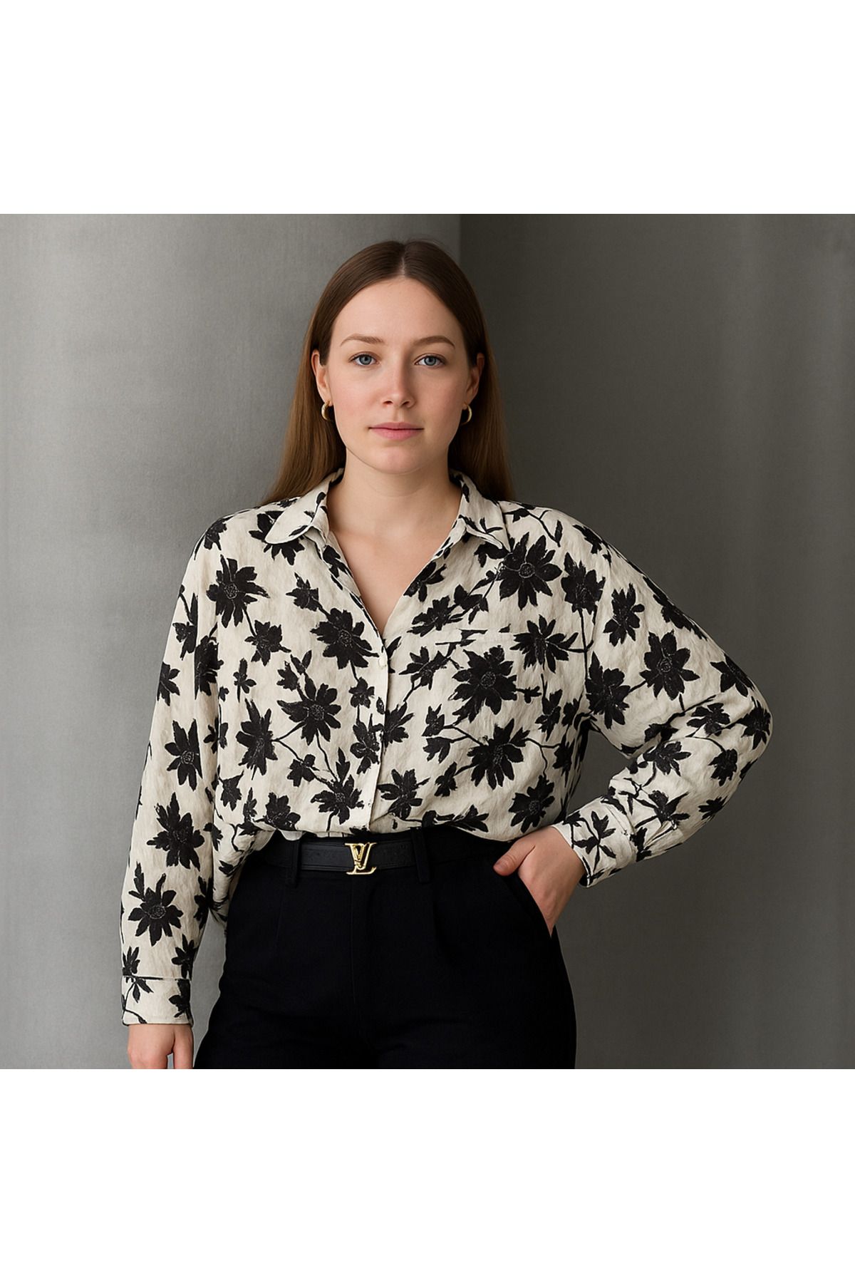 Fendre Çiçek Desenli Oversize Gömlek
