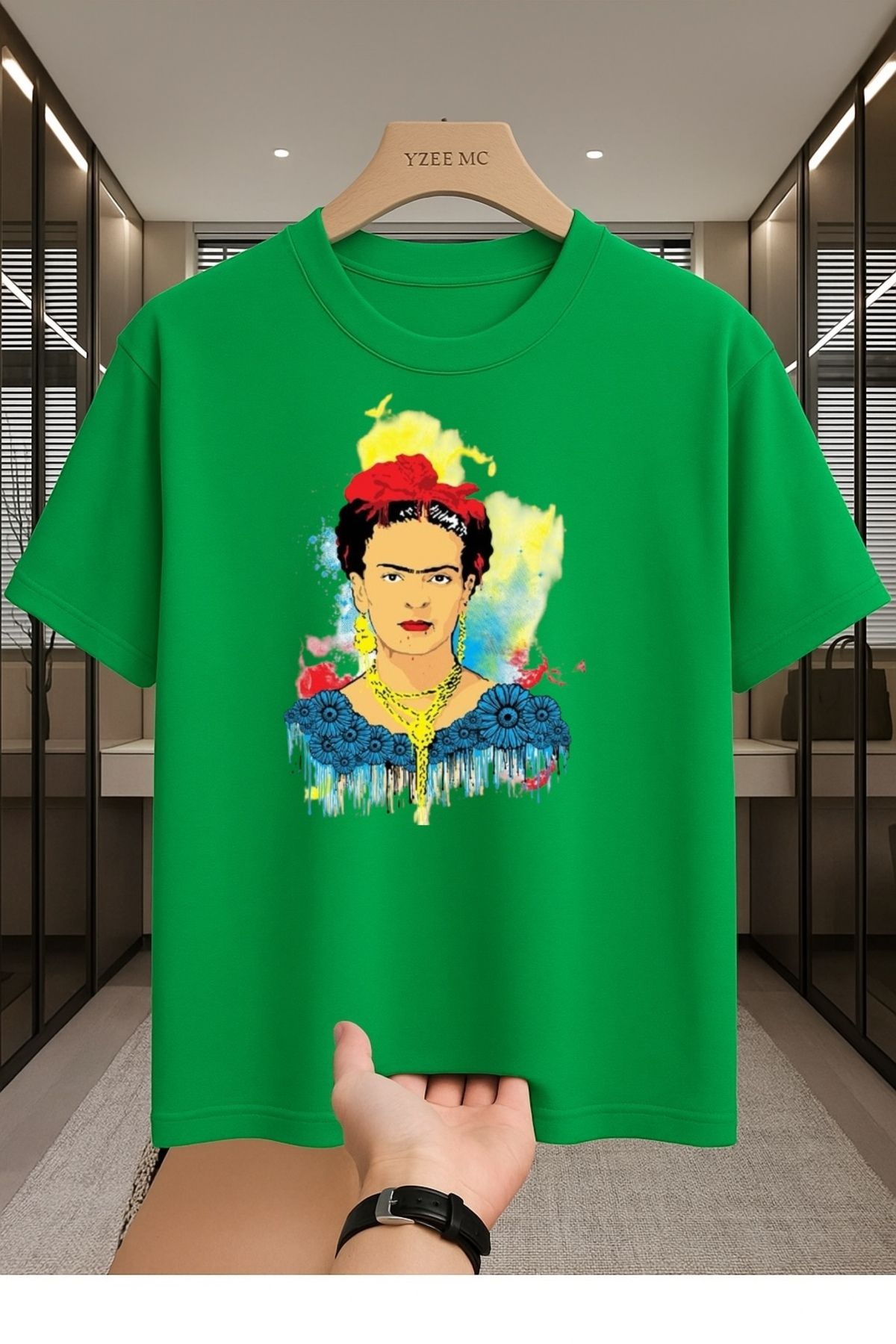 Madali Boutique Frida Kahlo Renkli Baskılı Unisex Bisiklet Yaka Pamuk Oversize Boyfriend T-Shirt