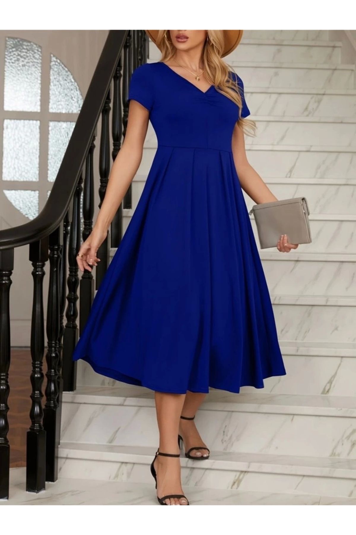 Butik Kadın Kısa Kollu V Yakalı önden Pileli Midi Janjan Krep Elbise
