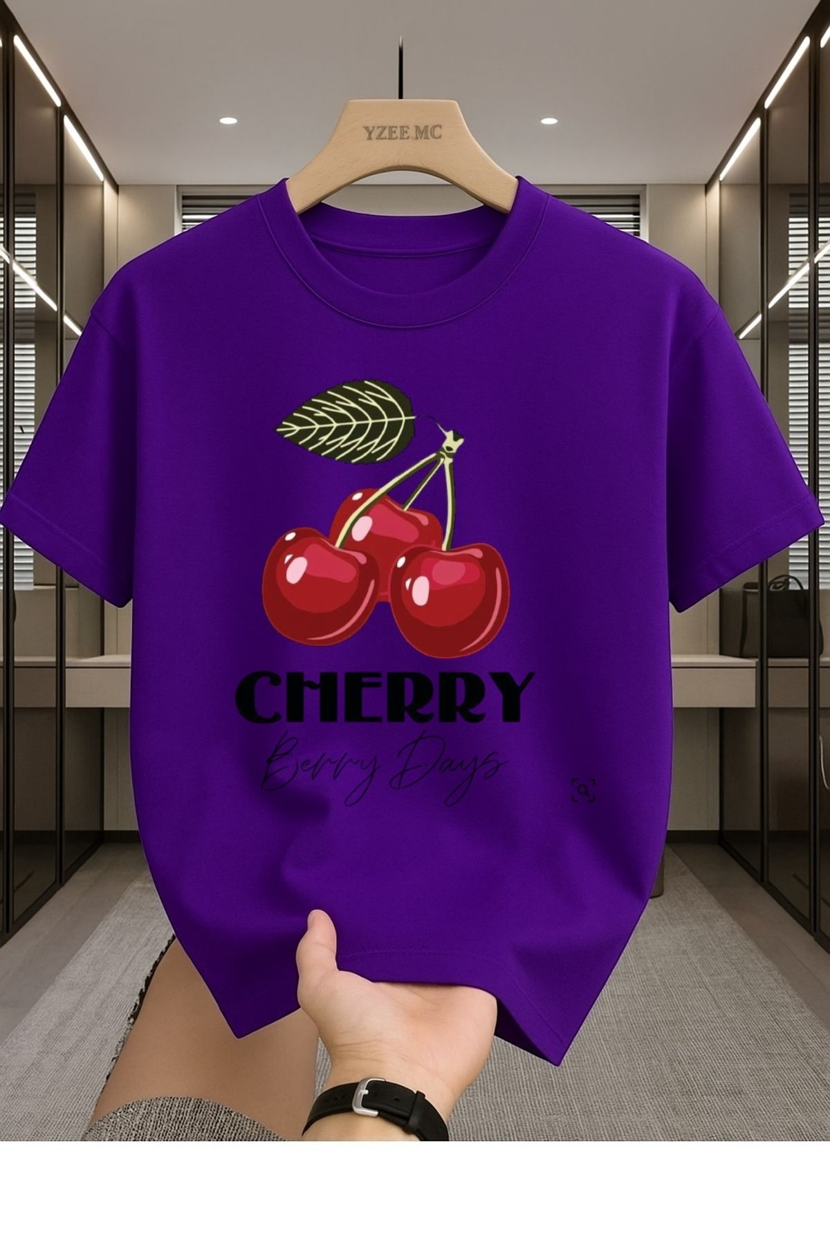 Madali Boutique Cherry Bery Days Baskılı Unisex Bisiklet Yaka Pamuk Oversize Boyfriend T-Shirt