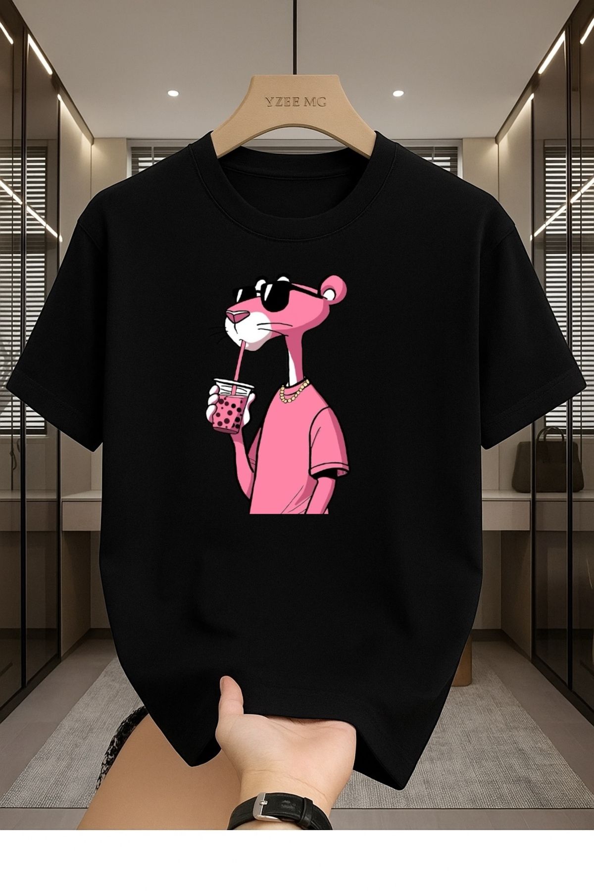 Madali Boutique Pembe Panter Baskılı Unisex Bisiklet Yaka Pamuk Oversize Boyfriend T-Shirt