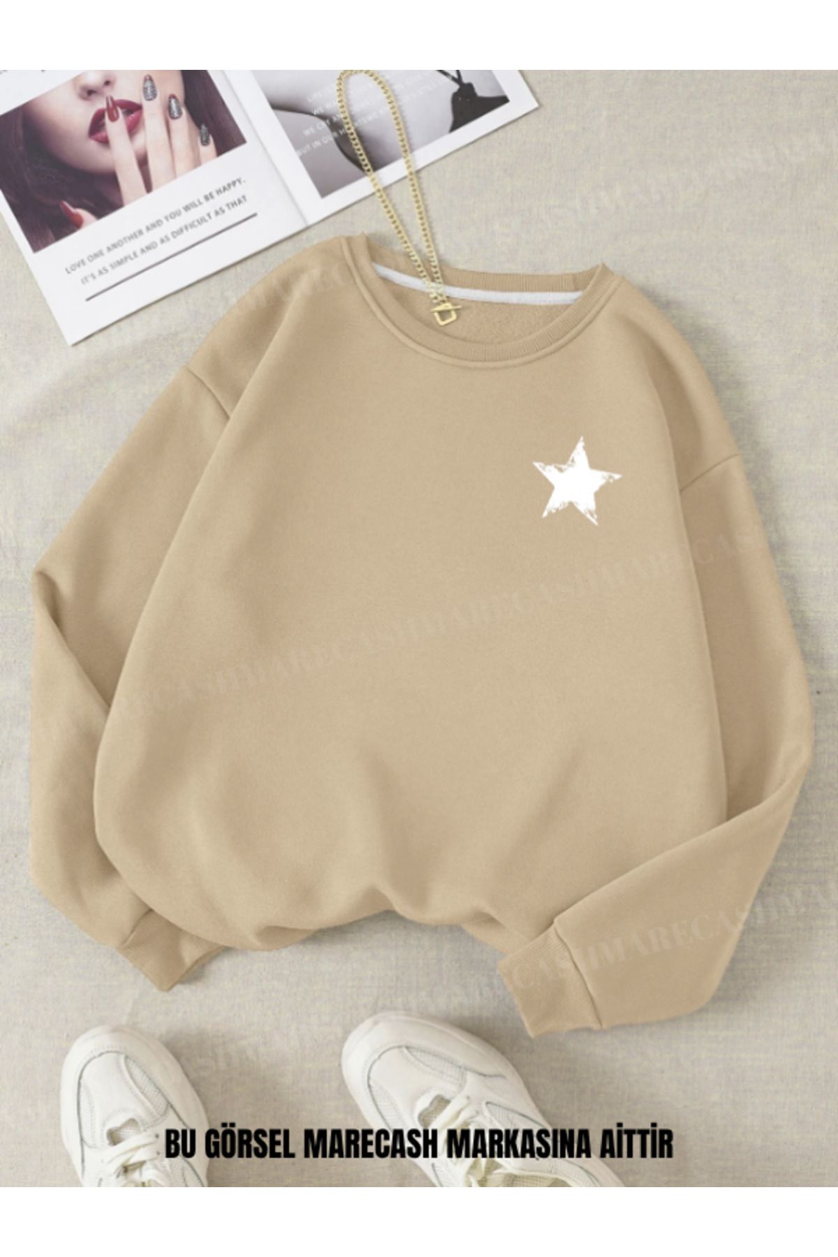 MARECASH Yıldız Baskılı Bisiklet Yaka 3 İplik Sweatshirt 0 Yaka Kışlık Pamuklu