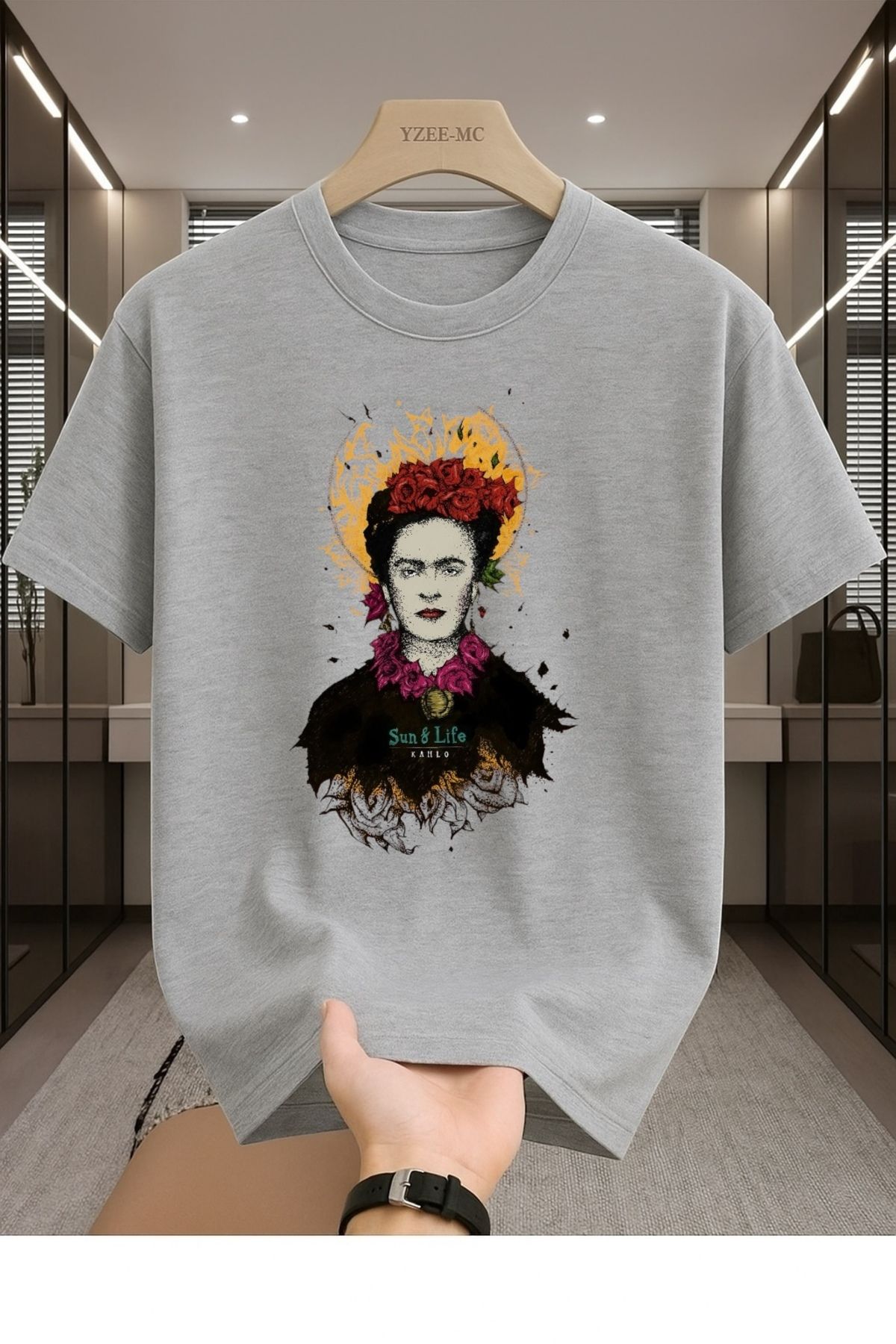 Madali Boutique Frida Kahlo Baskılı Unisex Bisiklet Yaka Pamuk Oversize Boyfriend T-Shirt