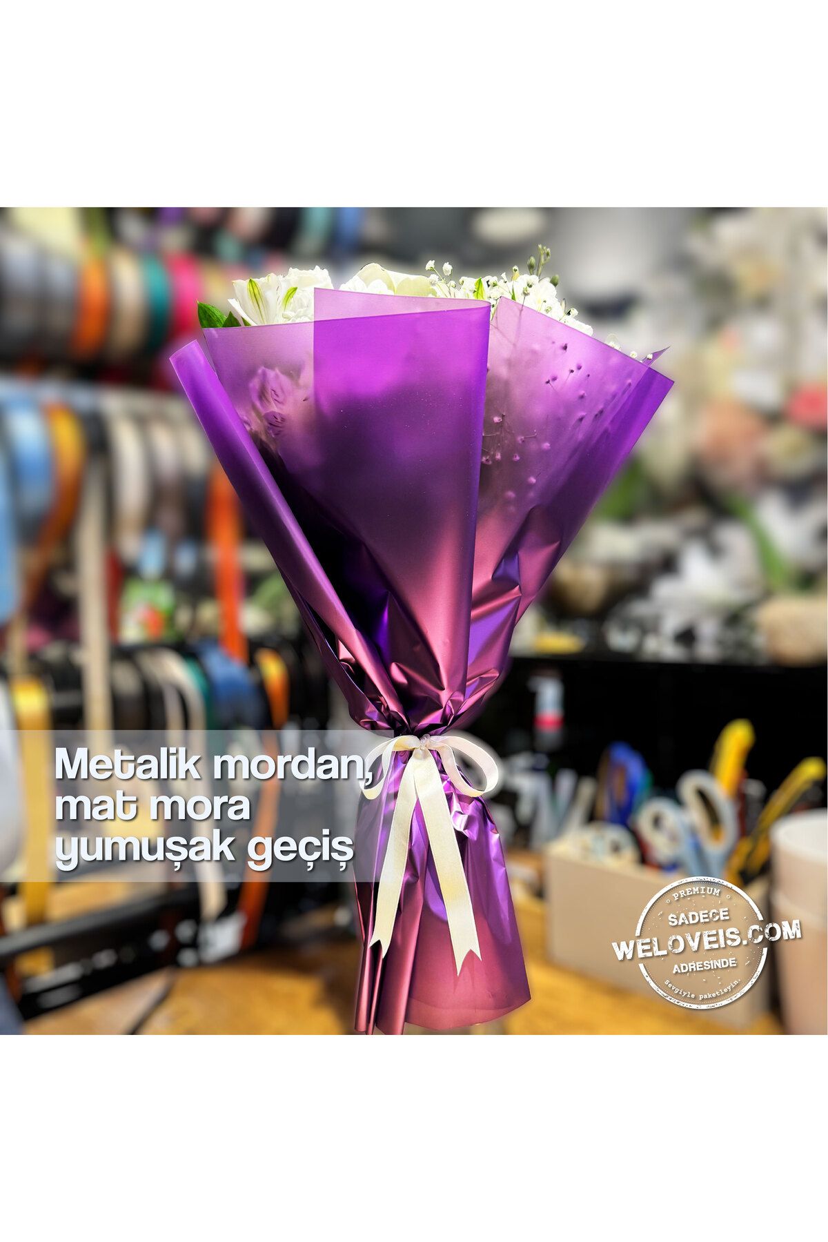 weloveis Metalik Degrade Mat Mor Çiçek Buket Kağıdı-60x60cm-20 Sayfa
