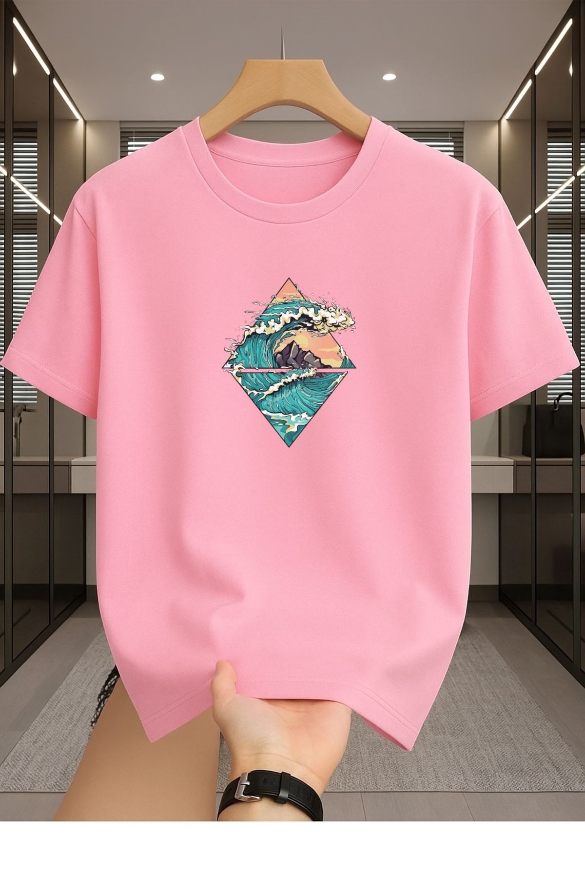 Madali Boutique Dalga Baskılı Unisex Bisiklet Yaka Pamuk Oversize Boyfriend T-Shirt