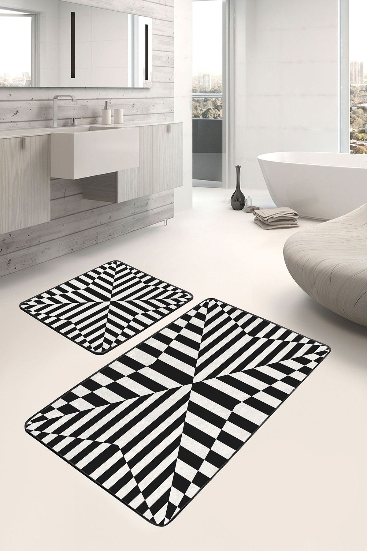 Realhomes Siyah - Beyaz Zeminde Geometrik Motifli Çizgili Sade Şık Geometrik 2'li Banyo Mutfak Paspas Takımı