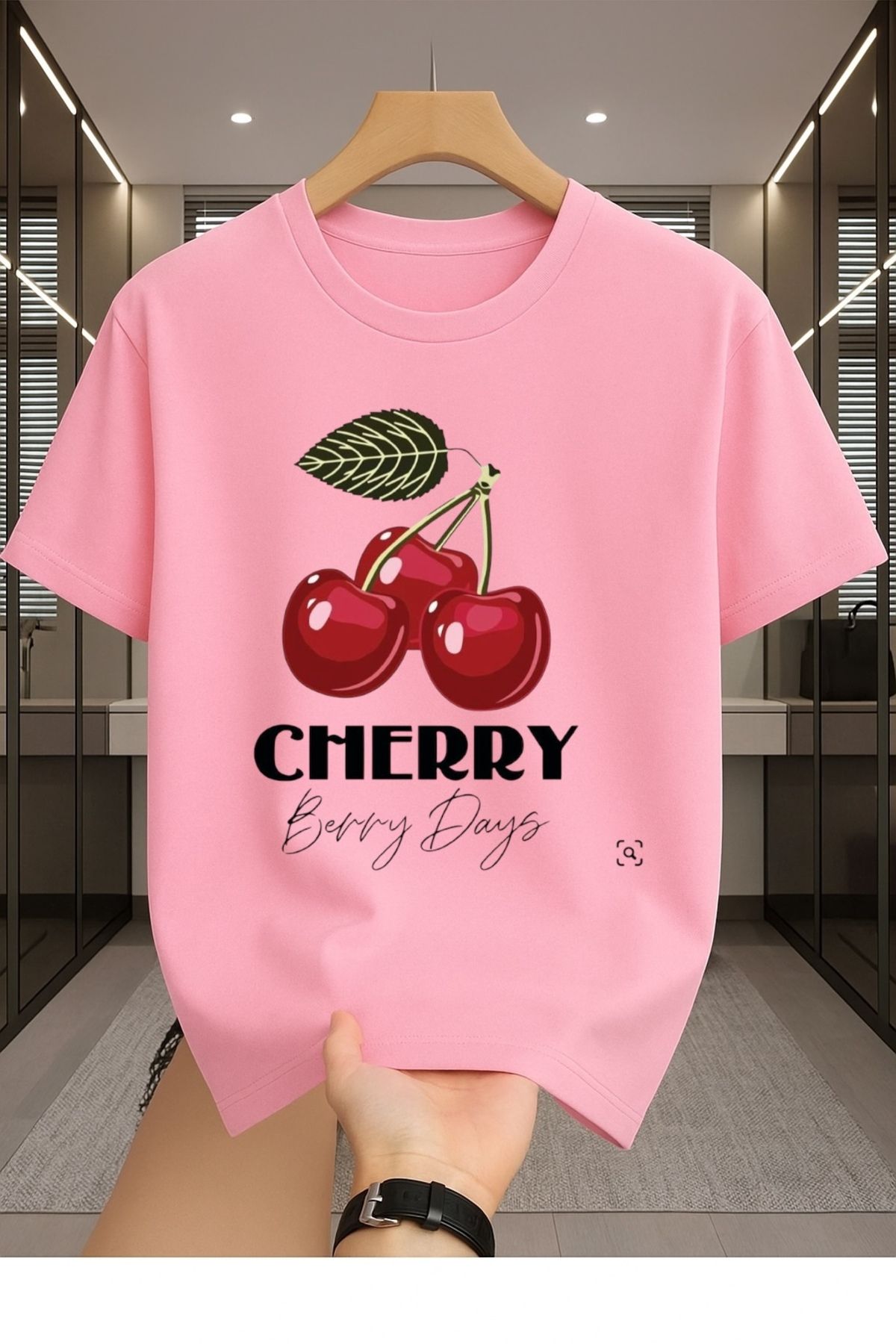Madali Boutique Cherry Bery Days Baskılı Unisex Bisiklet Yaka Pamuk Oversize Boyfriend T-Shirt