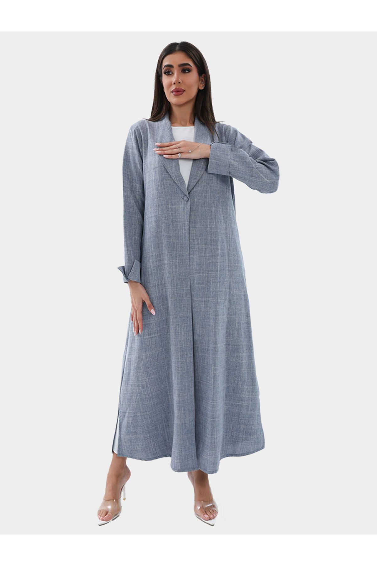 Elena by DStyle-Label Collar Melange A-Line Abaya with Button Detail 1