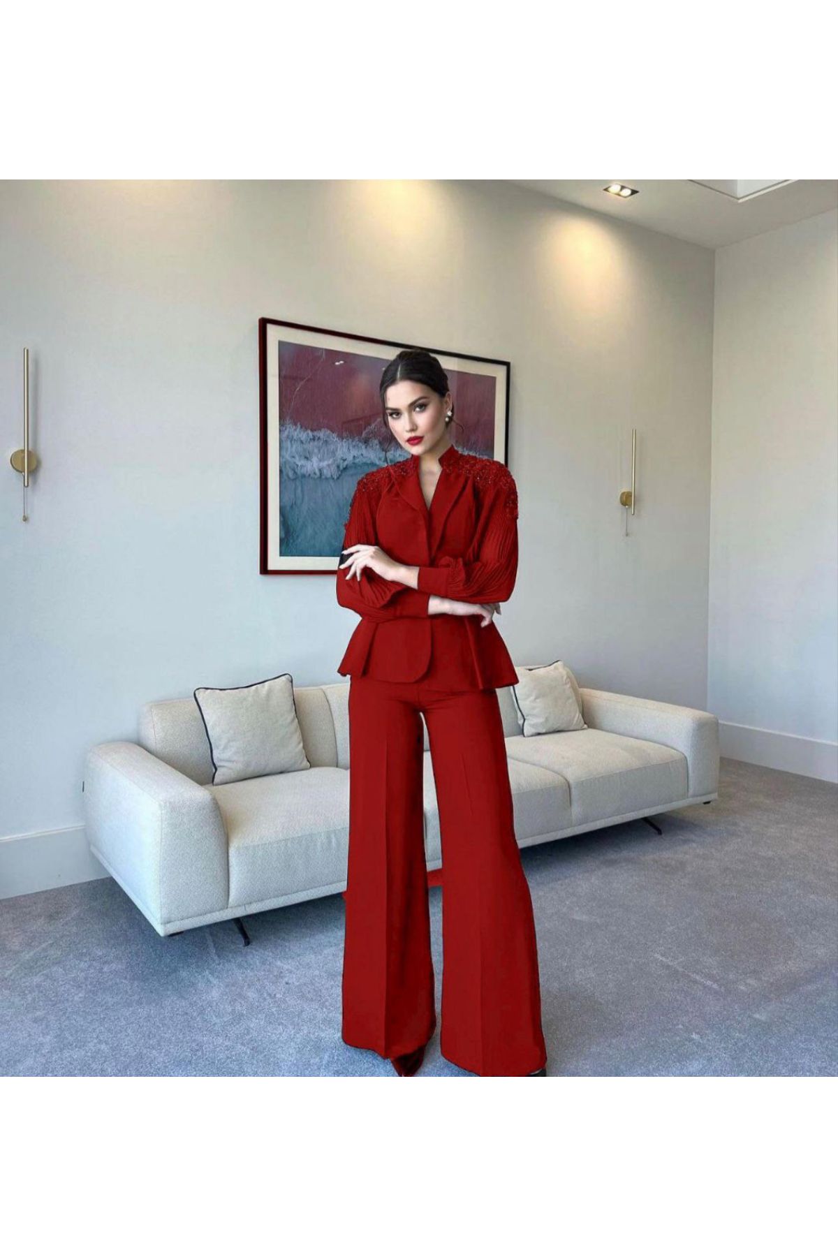KİNEM FASHİON Dabıl güpürlü şifon kolu ceket pantolon set takım