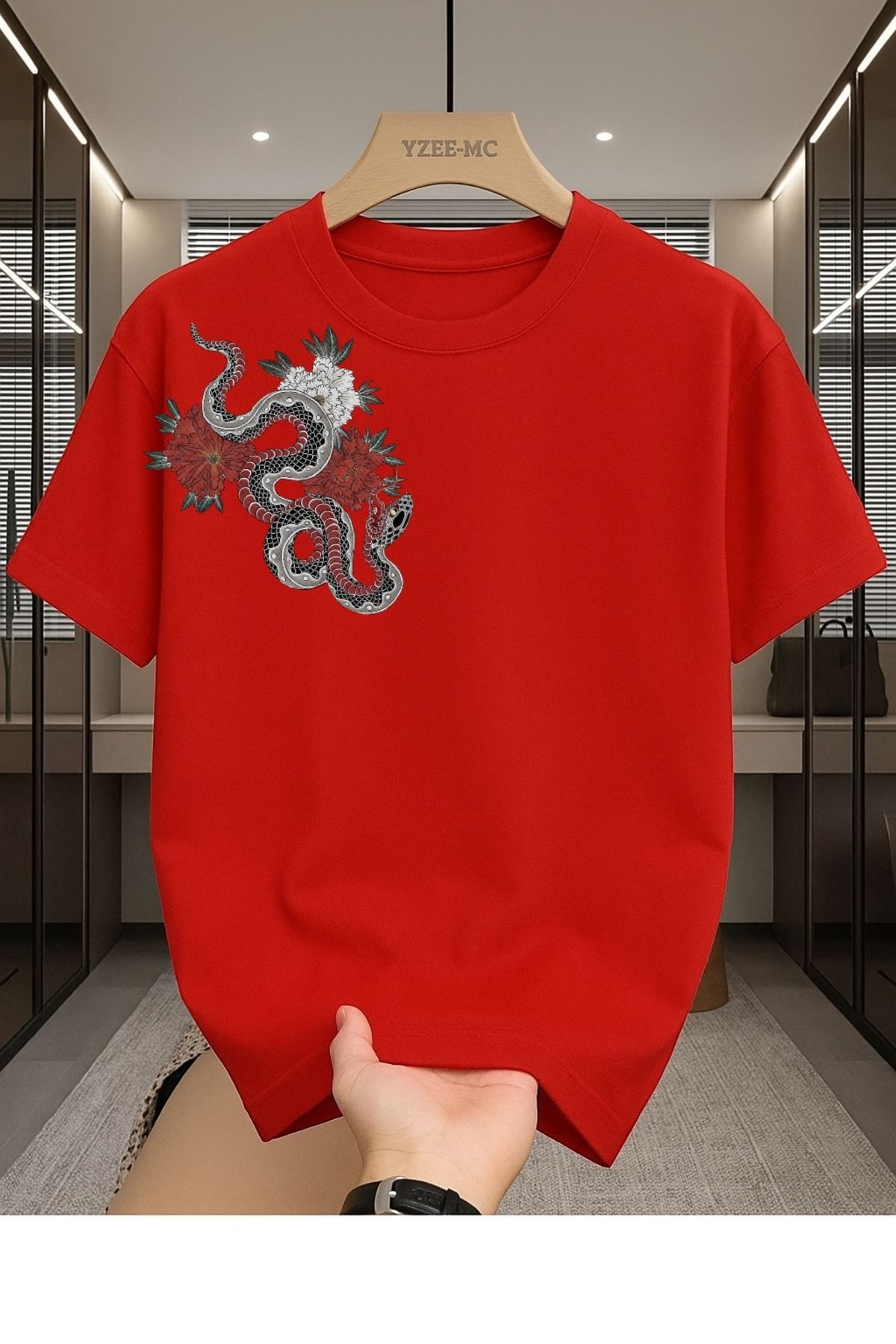 Madali Boutique Sağda Ejderha Baskılı Unisex Bisiklet Yaka Pamuk Oversize Boyfriend T-Shirt