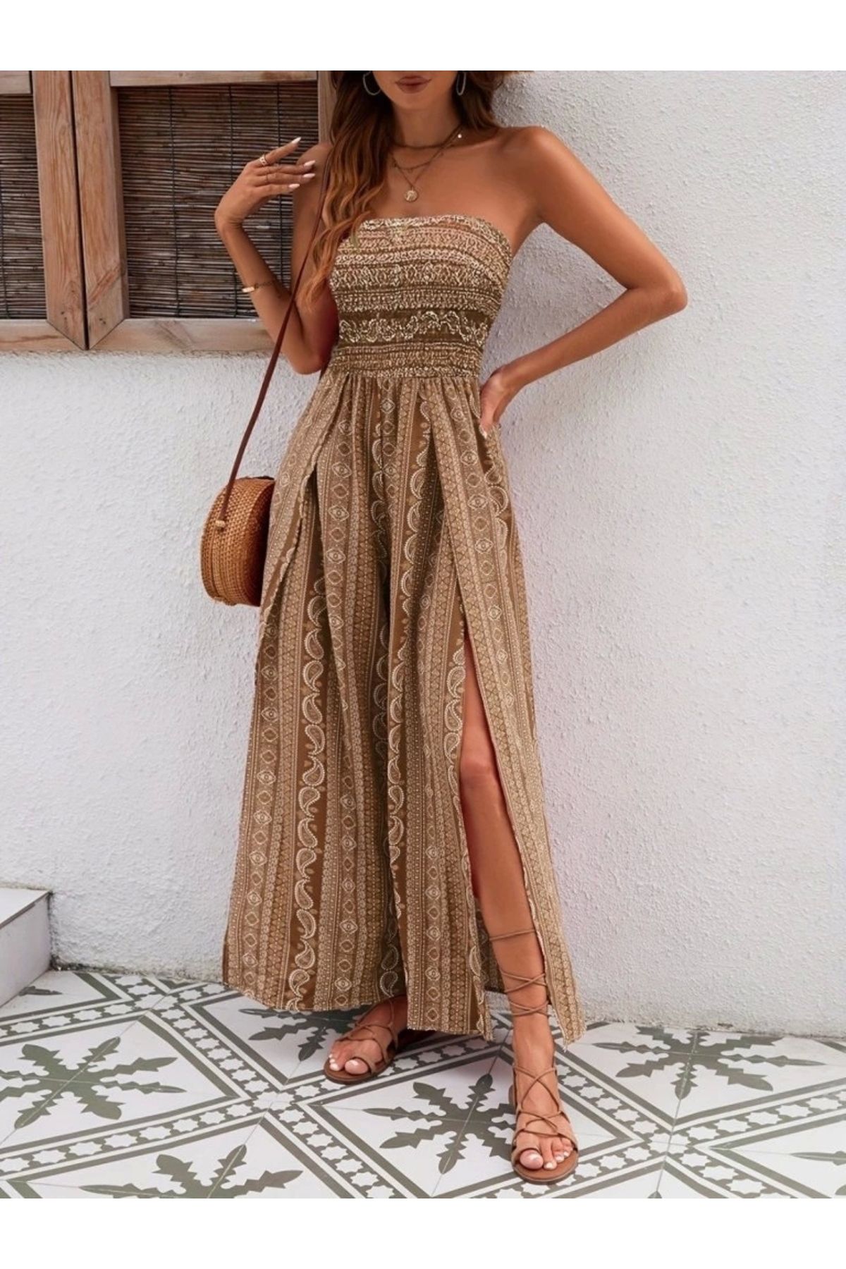 Butik Kadın Yakası Gipe Detaylı önden Yırtmaç Detaylı Desenli Süprem Pantolon Etek
