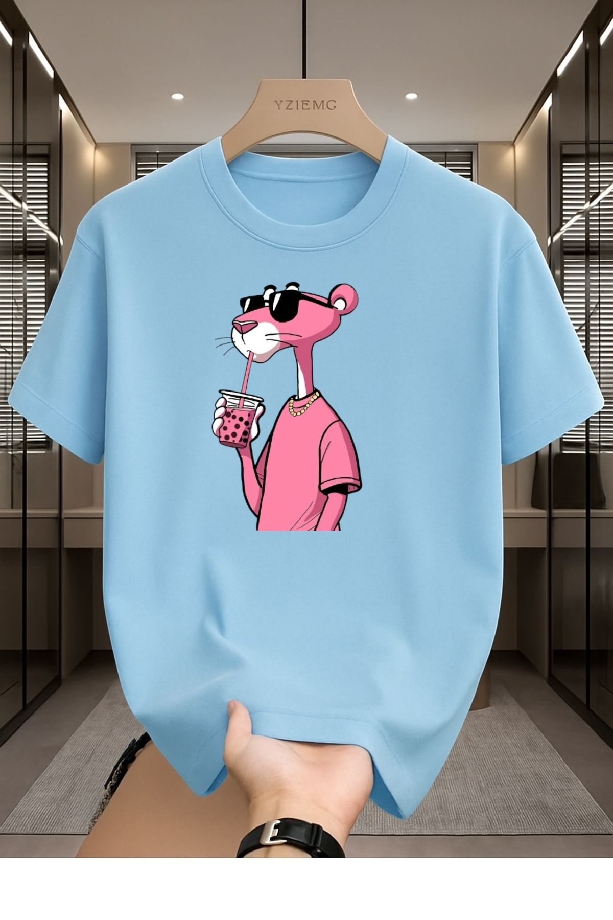Madali Boutique Pembe Panter Baskılı Unisex Bisiklet Yaka Pamuk Oversize Boyfriend T-Shirt