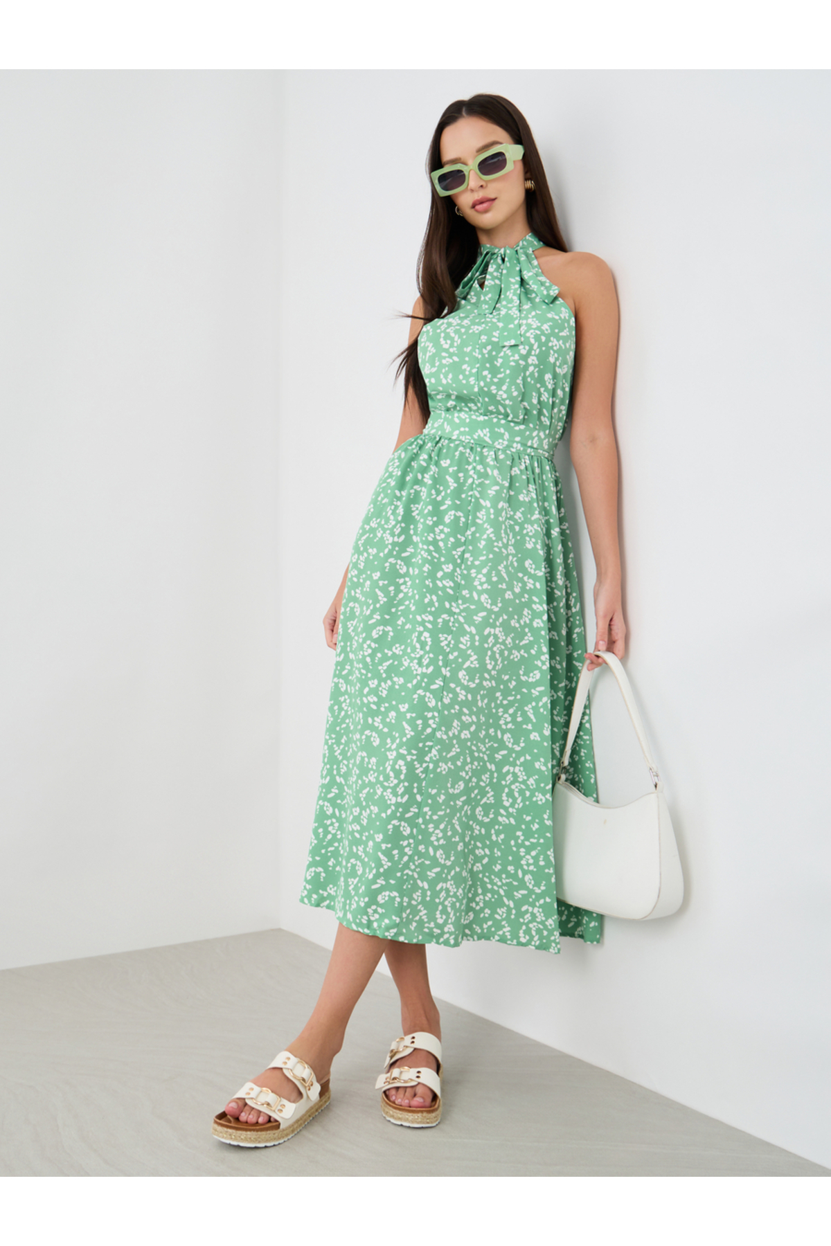 Styli Printed Sleeveless Midi Dress with Tie-Up Neck