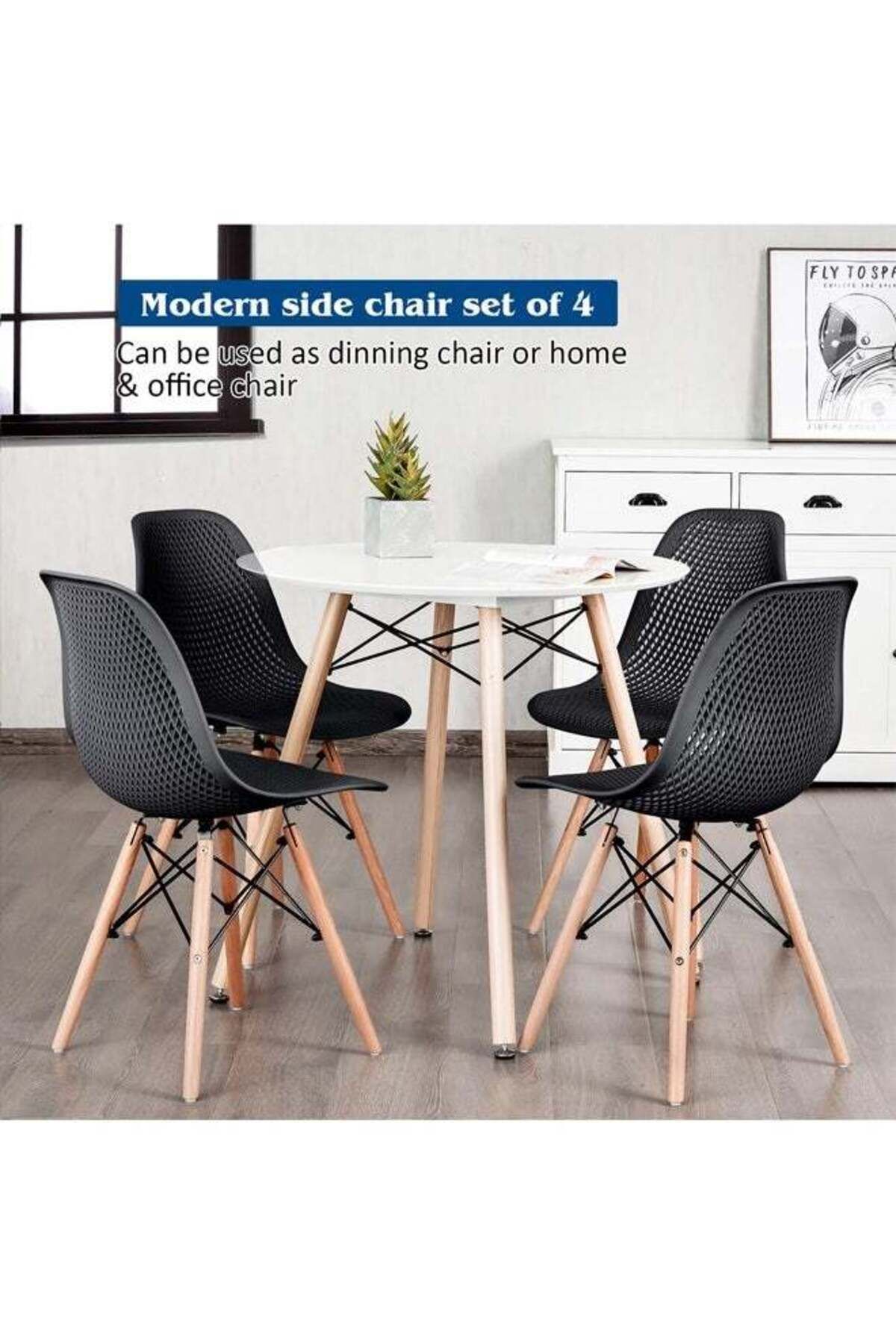 Taimi-Pack of 2 Plastic Chair with Wooden Legs for Office Dining Kitchen Living Room Black 70x40x40cm 7