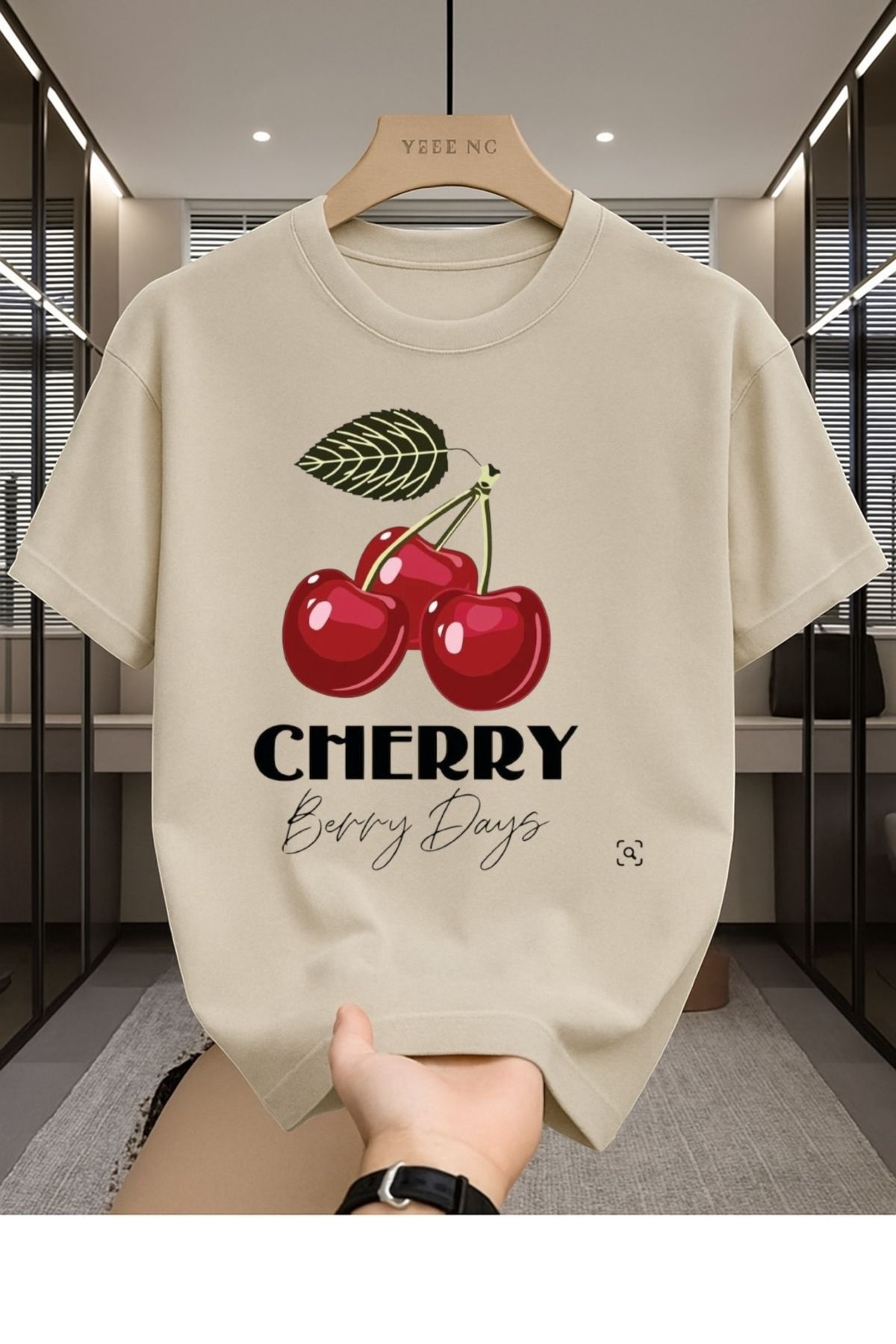 Madali Boutique Cherry Bery Days Baskılı Unisex Bisiklet Yaka Pamuk Oversize Boyfriend T-Shirt