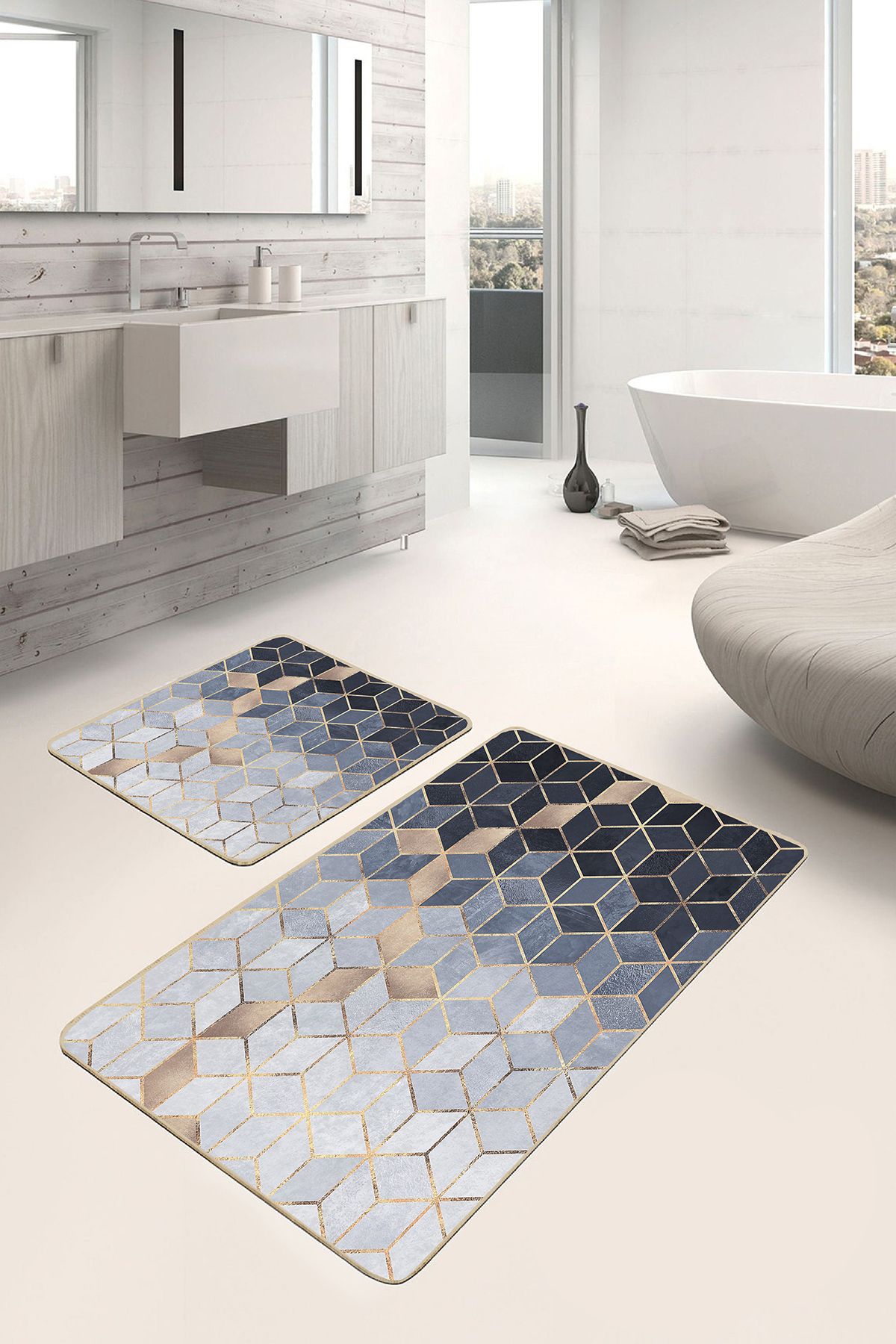 Realhomes 2'li Set Gri - Mavi Zeminde Mozaik Motifli Geometrik Geometrik Klasik 2'li Banyo Paspas Takımı