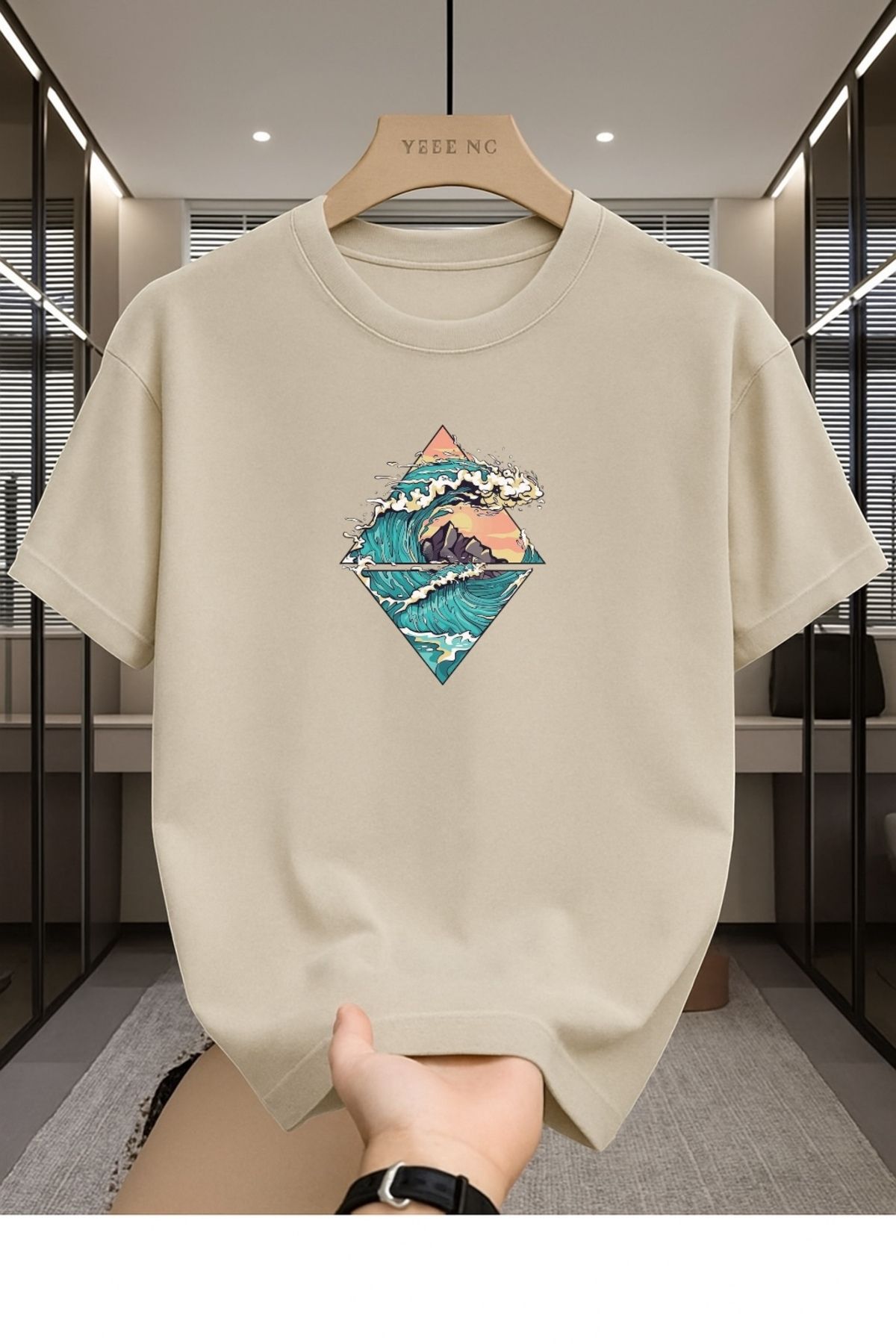 Madali Boutique Dalga Baskılı Unisex Bisiklet Yaka Pamuk Oversize Boyfriend T-Shirt