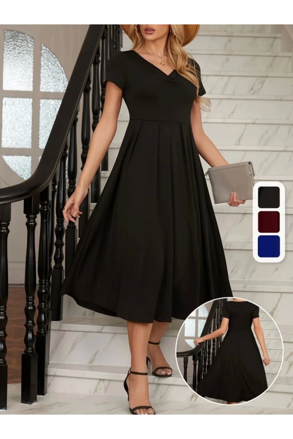 Butik Kadın Kısa Kollu V Yakalı önden Pileli Midi Janjan Krep Elbise