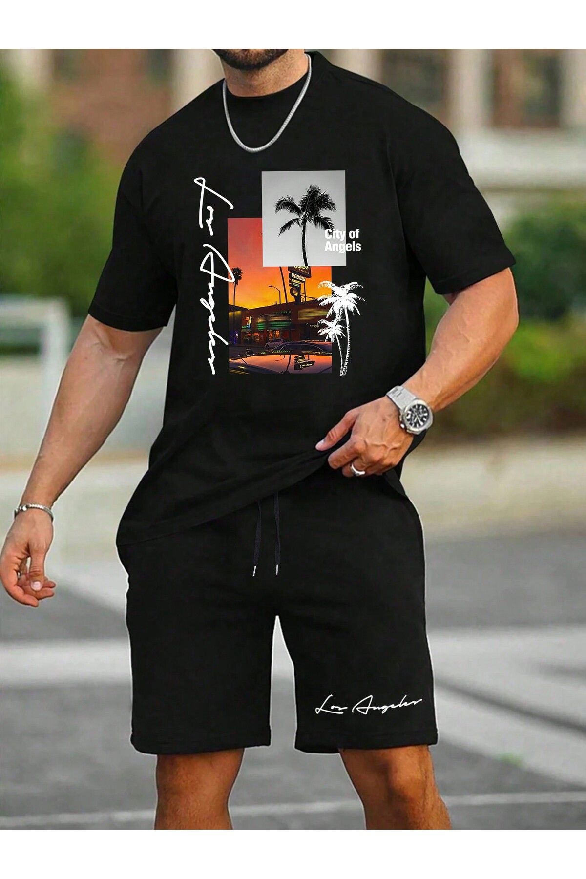 aynewmoda Men's Plus Size Summer Crew Neck Palm Print Short Sleeve T-Shirt with High Waist Shorts Set