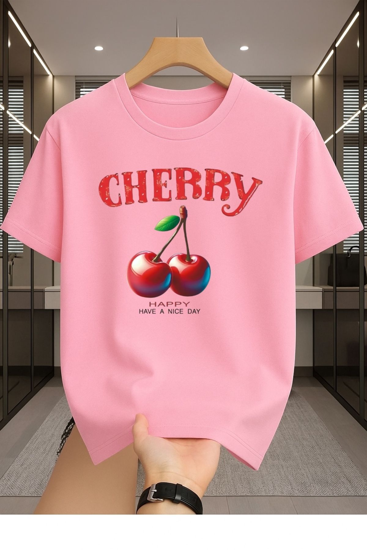 Madali Boutique Cherry Baskılı Unisex Bisiklet Yaka Pamuk Oversize Boyfriend T-Shirt