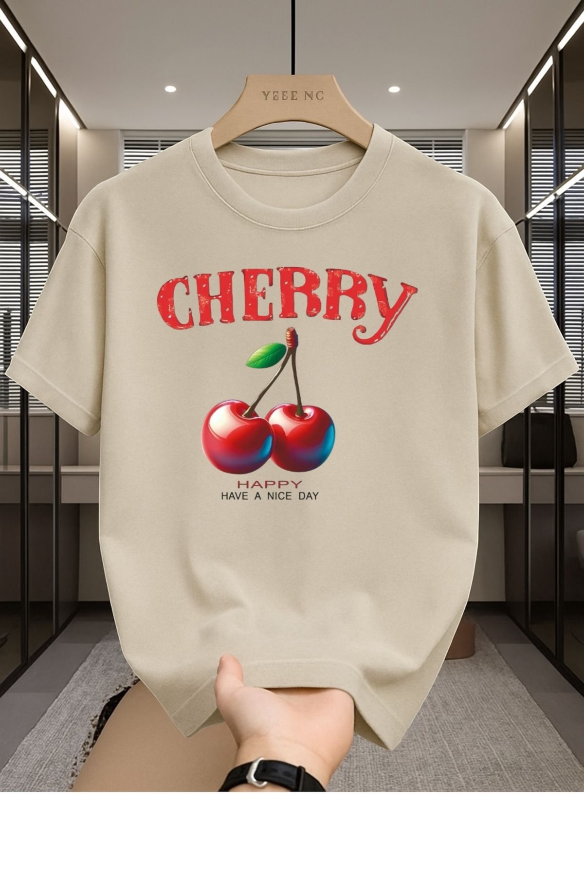 Madali Boutique Cherry Baskılı Unisex Bisiklet Yaka Pamuk Oversize Boyfriend T-Shirt