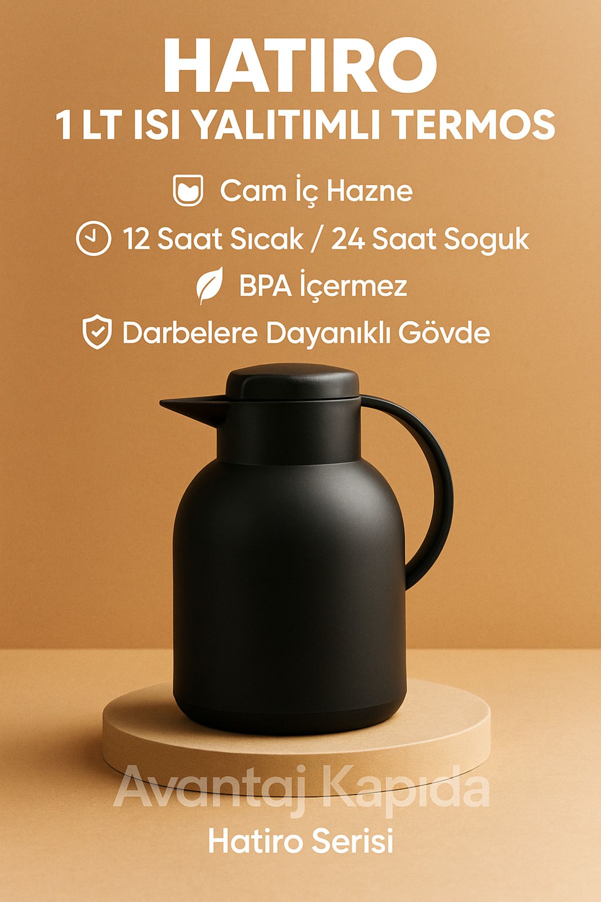 Avantaj Kapıda Hatiro 1 LT Siyah Termos – Cam İçli, Isı Yalıtımlı, 12 Saat Sıcak, 24 Saat Soğuk, Çay Termosu