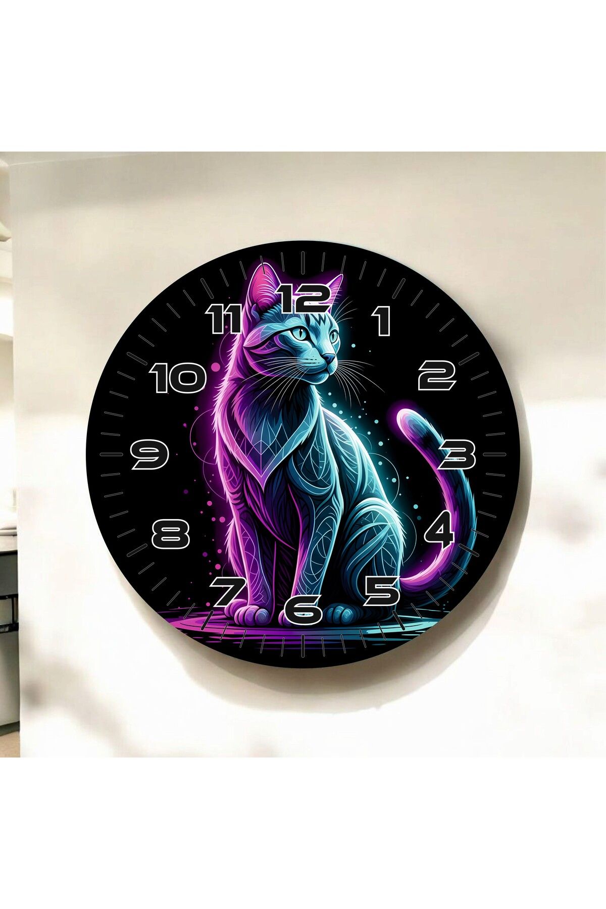 AA Shop Mavi Mor Kedi Renkli Baskı Hayvan Desenli Sayılı Hediyelik Ahşap Sessiz Duvar Saati 50cm