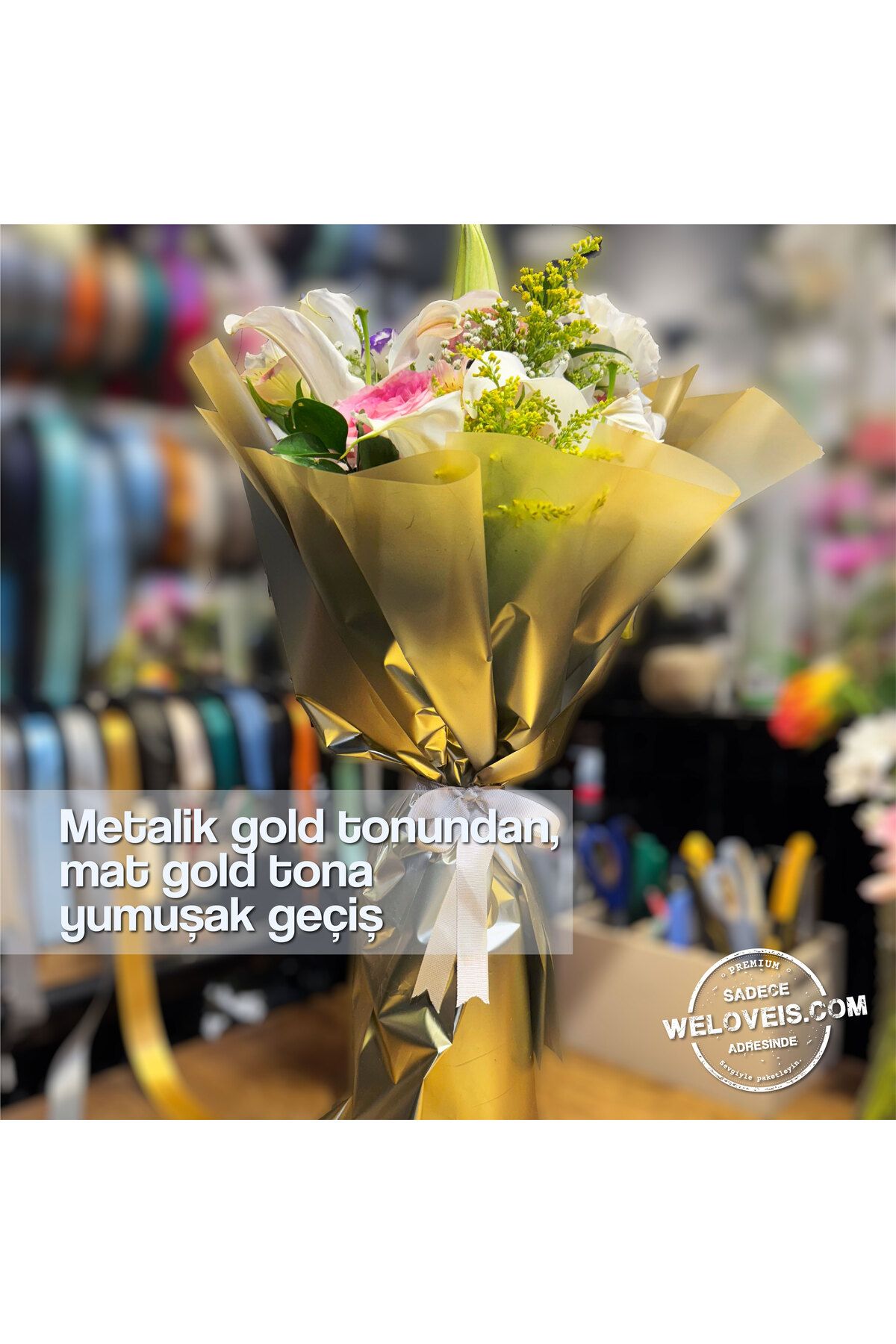 weloveis Metalik Degrade Mat Gold Çiçek Buket Kağıdı-60x60cm-20 Sayfa