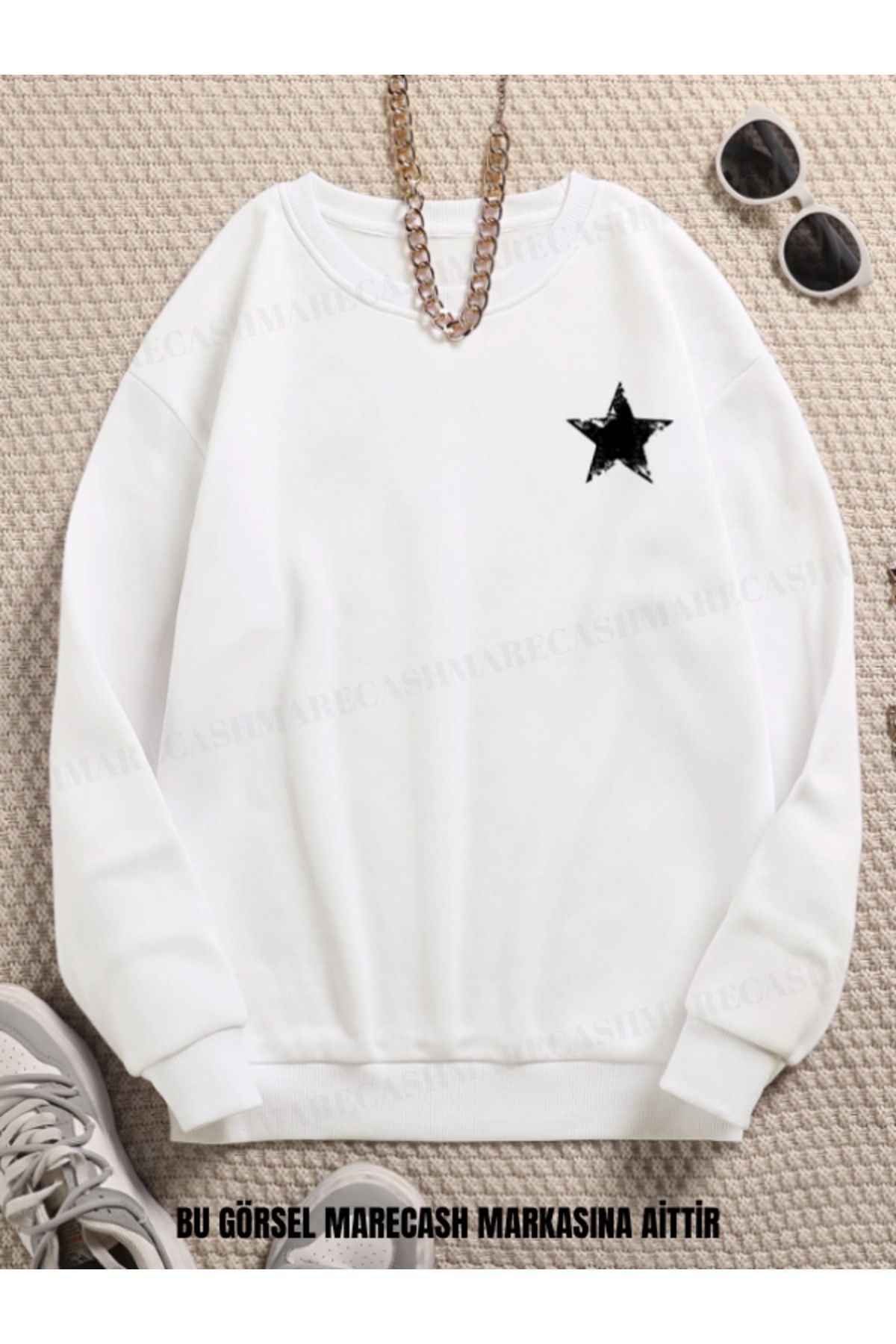 MARECASH Yıldız Baskılı Bisiklet Yaka 3 İplik Sweatshirt 0 Yaka Kışlık Pamuklu