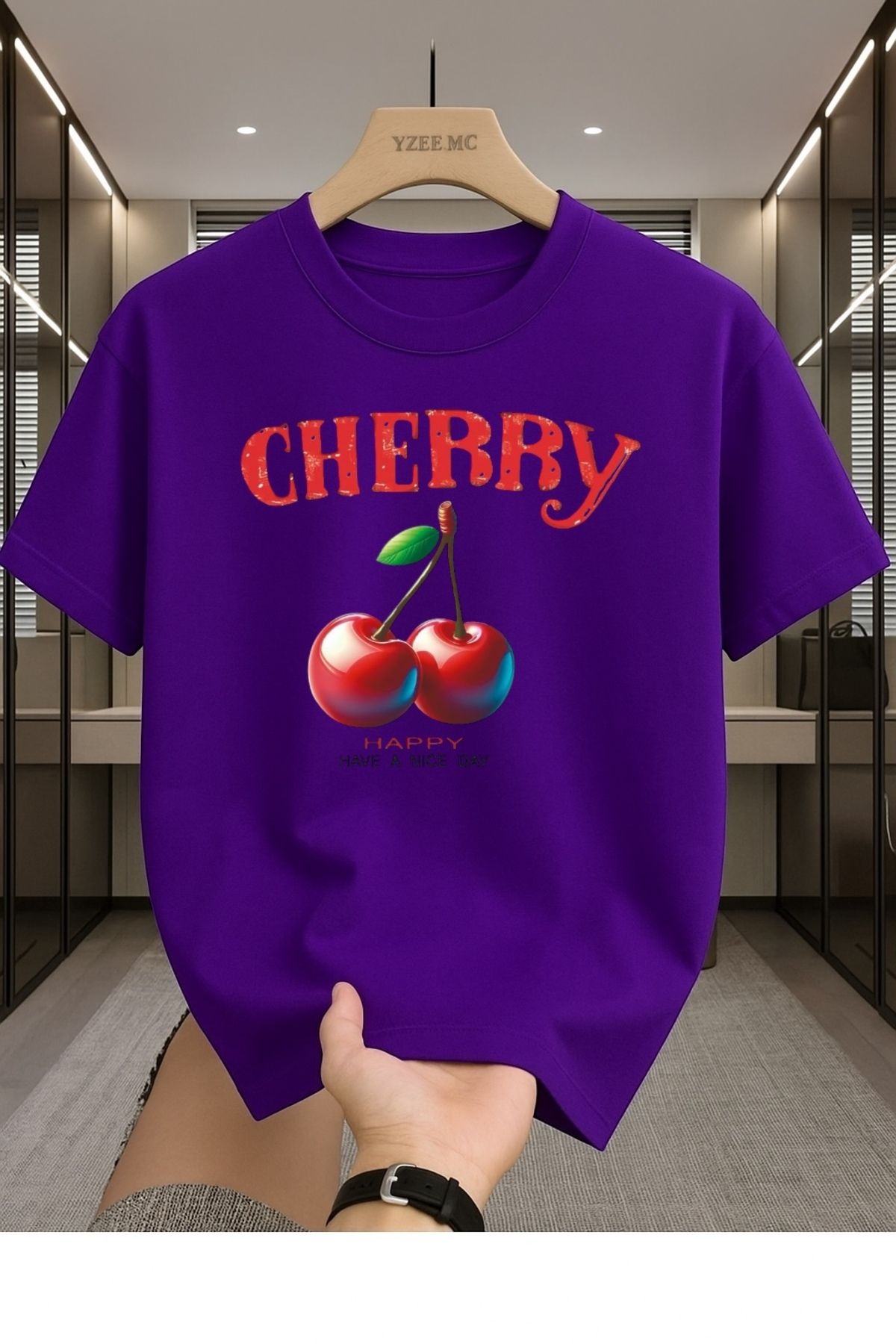 Madali Boutique Cherry Baskılı Unisex Bisiklet Yaka Pamuk Oversize Boyfriend T-Shirt