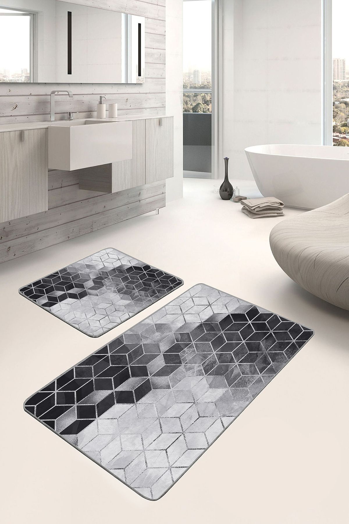 Realhomes 2'li Set Siyah - Gri Zeminde Mozaik Motifli Mermer Desenli Geometrik Klasik 2'li Banyo Paspas Takımı