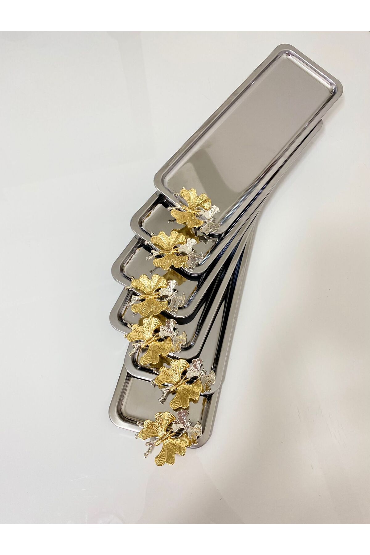 Aslı Hediyelik 6-Piece Luxury Baton Stainless Steel Butterfly Service, Tea, Coffee, Treats and Presentation Tray