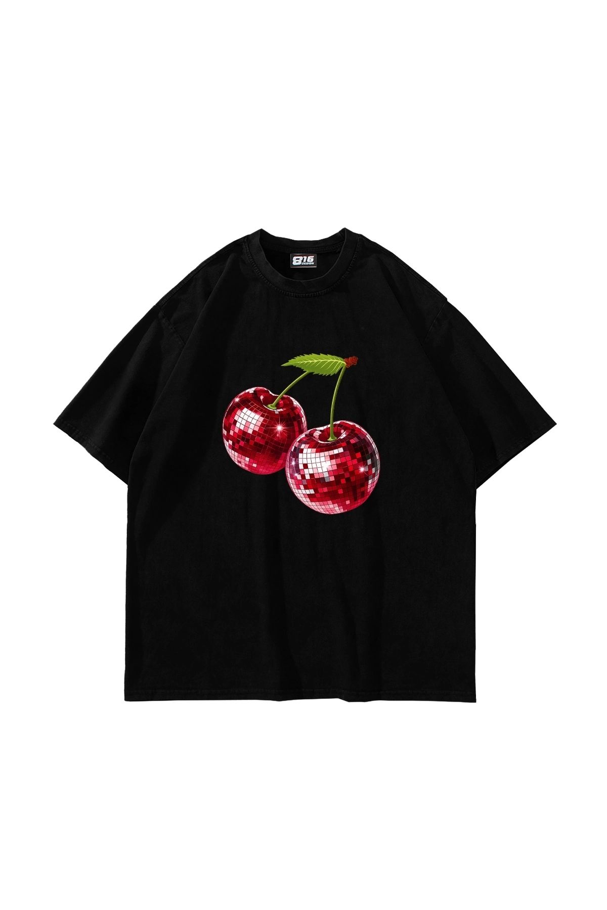 Sekizbiraltı Disco Cherry Baskılı Oversize Unisex Siyah Tshirt